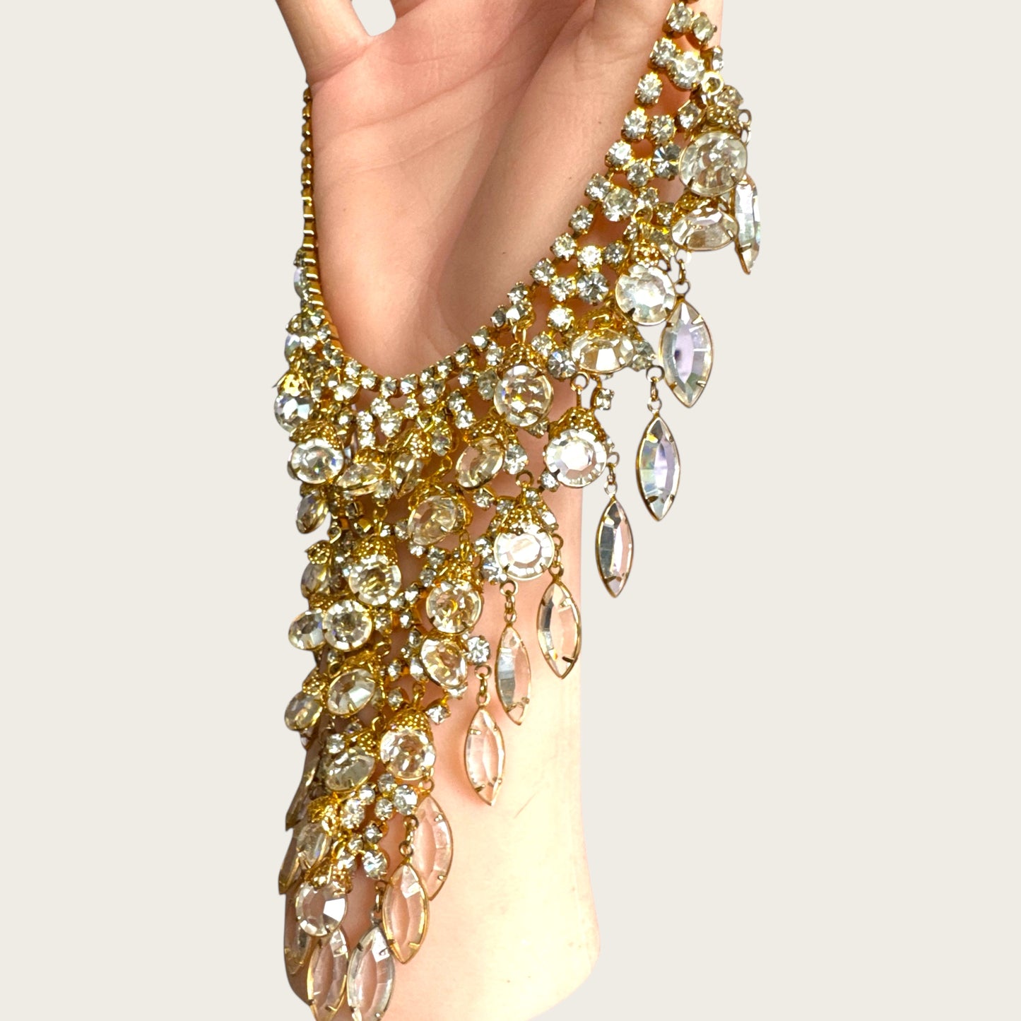 Vintage Juliana D&E Bib Necklace – 1960s Gold Plated with Clear Navette & Round Prong-Set Crystals, Puddling Back, Statement Runway Collar