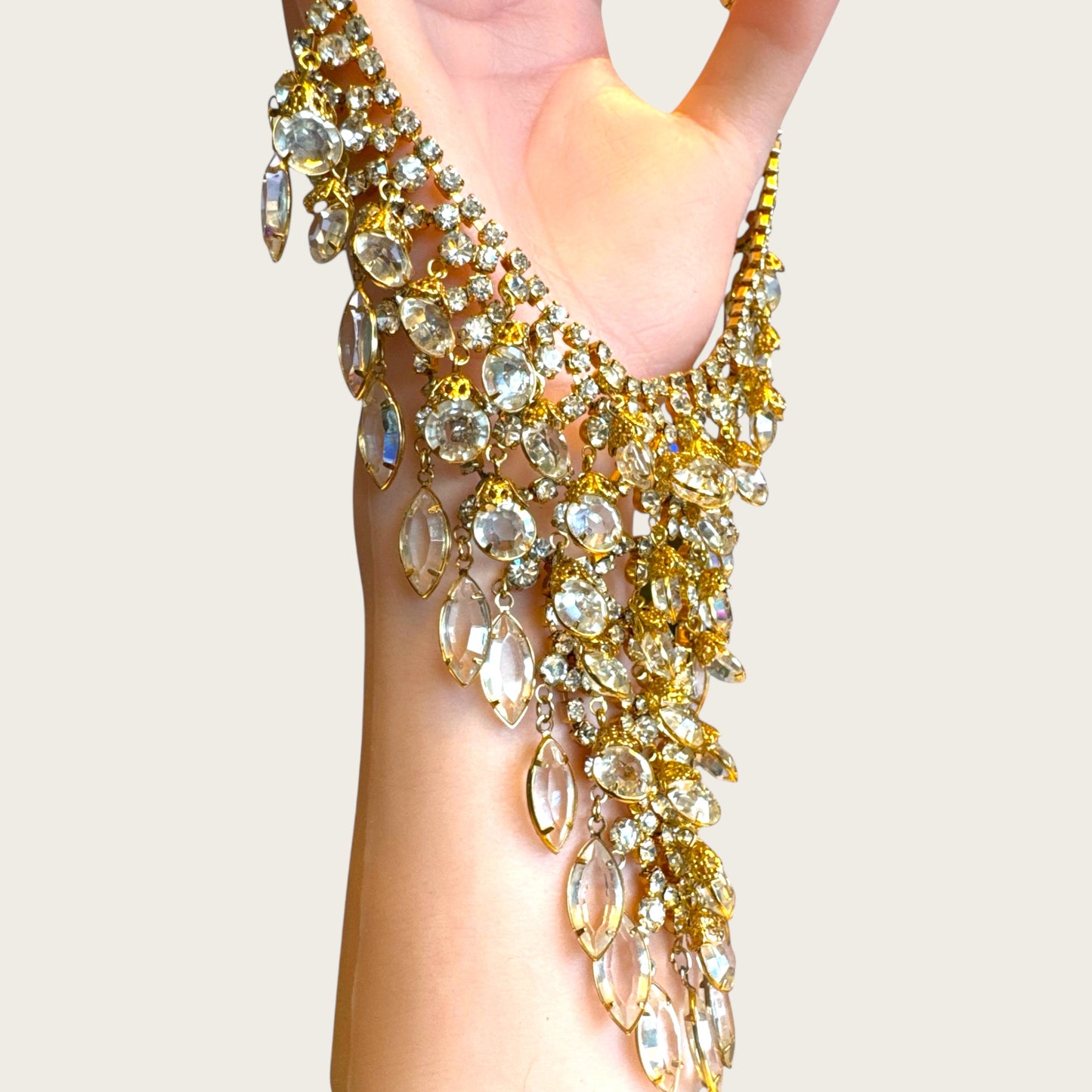 Vintage Juliana D&E Bib Necklace – 1960s Gold Plated with Clear Navette & Round Prong-Set Crystals, Puddling Back, Statement Runway Collar