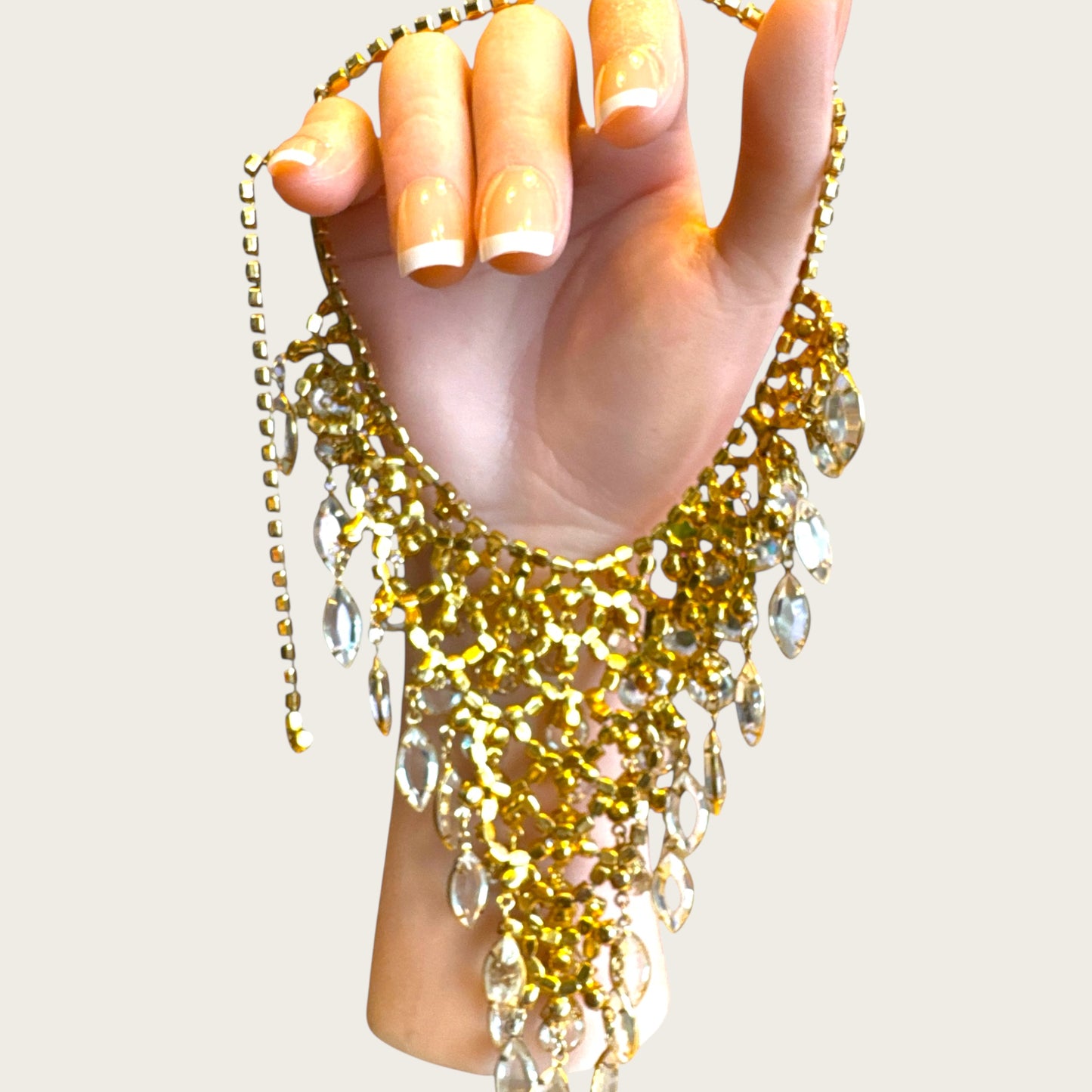 Vintage Juliana D&E Bib Necklace – 1960s Gold Plated with Clear Navette & Round Prong-Set Crystals, Puddling Back, Statement Runway Collar