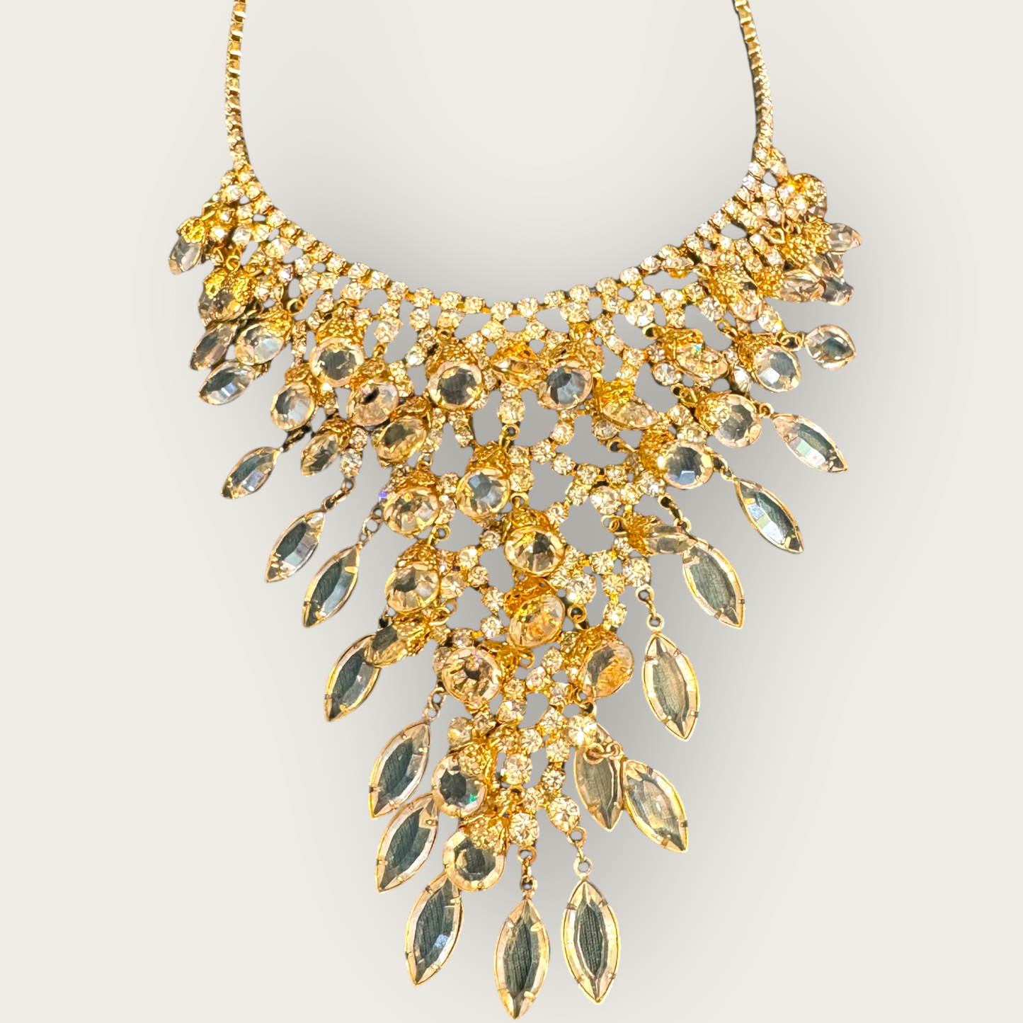 Vintage Juliana D&E Bib Necklace – 1960s Gold Plated with Clear Navette & Round Prong-Set Crystals, Puddling Back, Statement Runway Collar