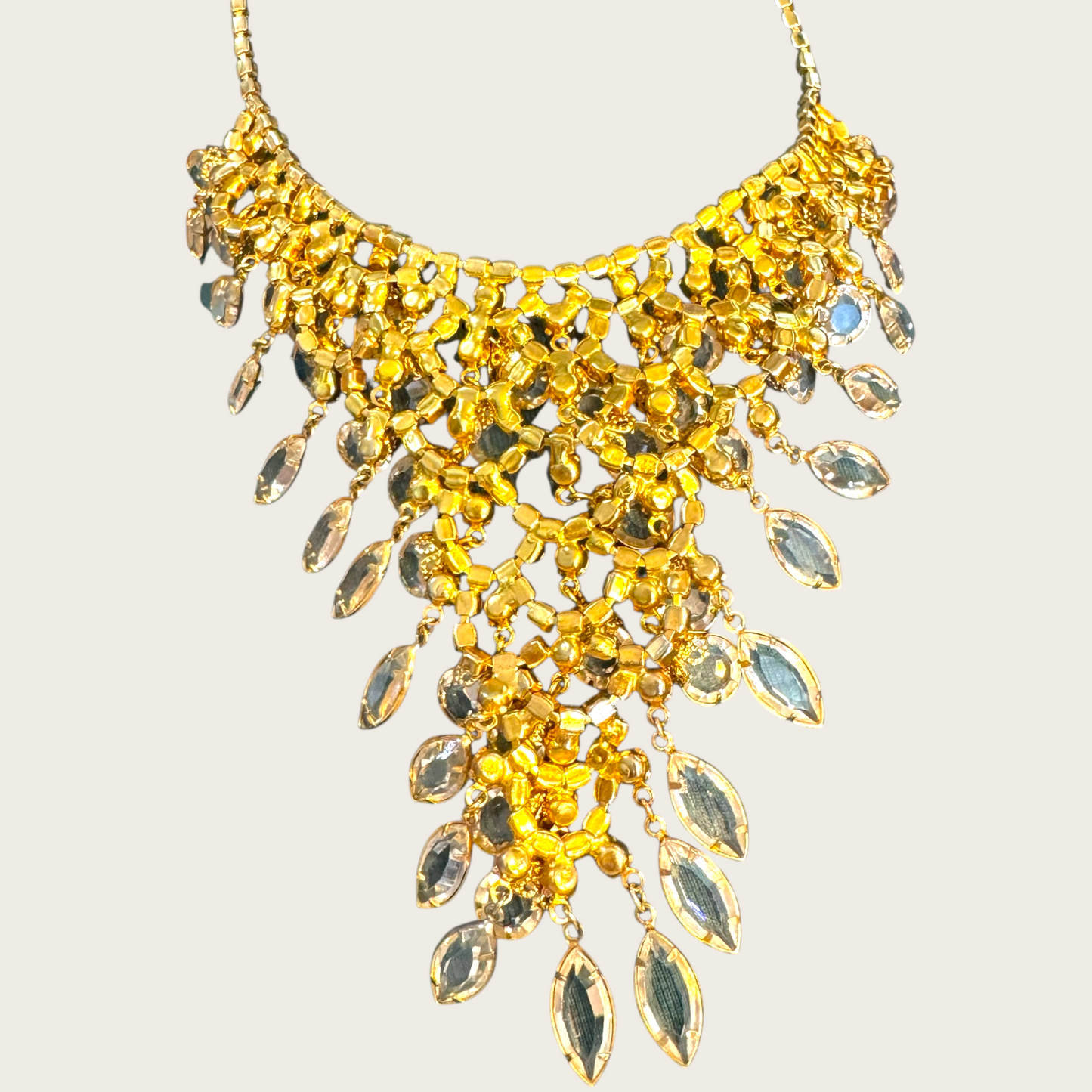 Vintage Juliana D&E Bib Necklace – 1960s Gold Plated with Clear Navette & Round Prong-Set Crystals, Puddling Back, Statement Runway Collar