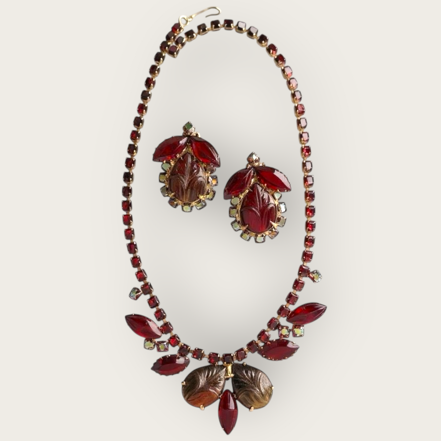Vintage Juliana Carved Red & Amber Givre Rhinestone Necklace and Earrings Set | 1960s D&E Statement Jewelry