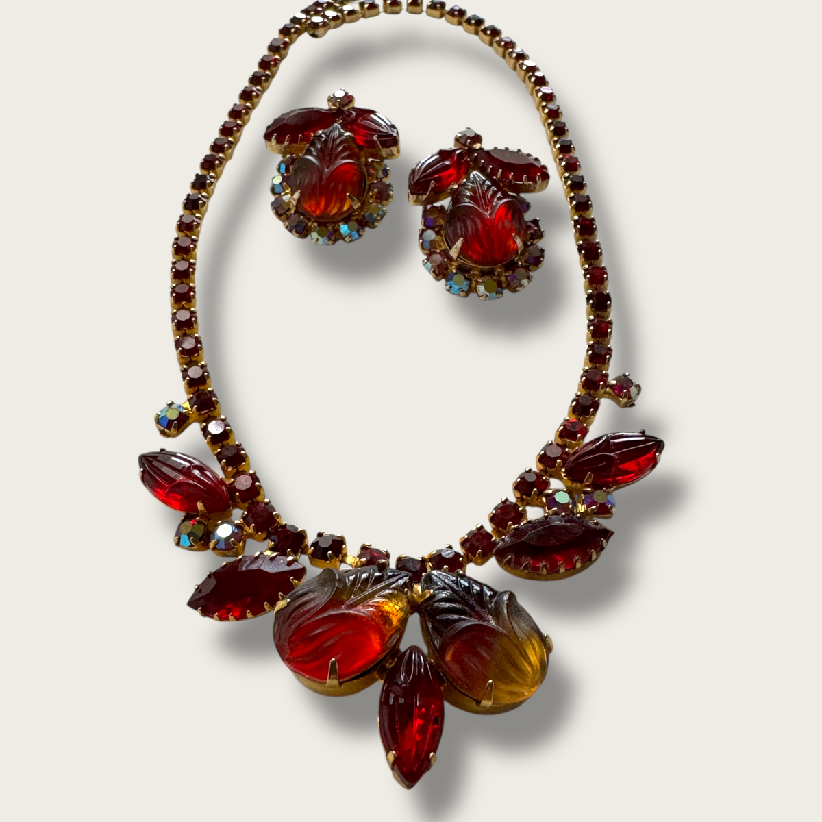 Vintage Juliana Carved Red & Amber Givre Rhinestone Necklace and Earrings Set | 1960s D&E Statement Jewelry