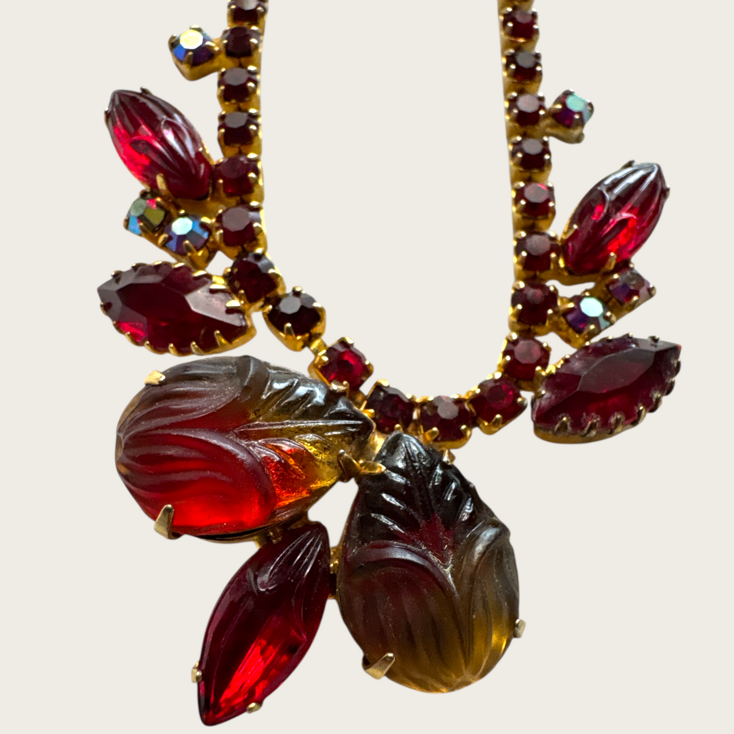 Vintage Juliana Carved Red & Amber Givre Rhinestone Necklace and Earrings Set | 1960s D&E Statement Jewelry