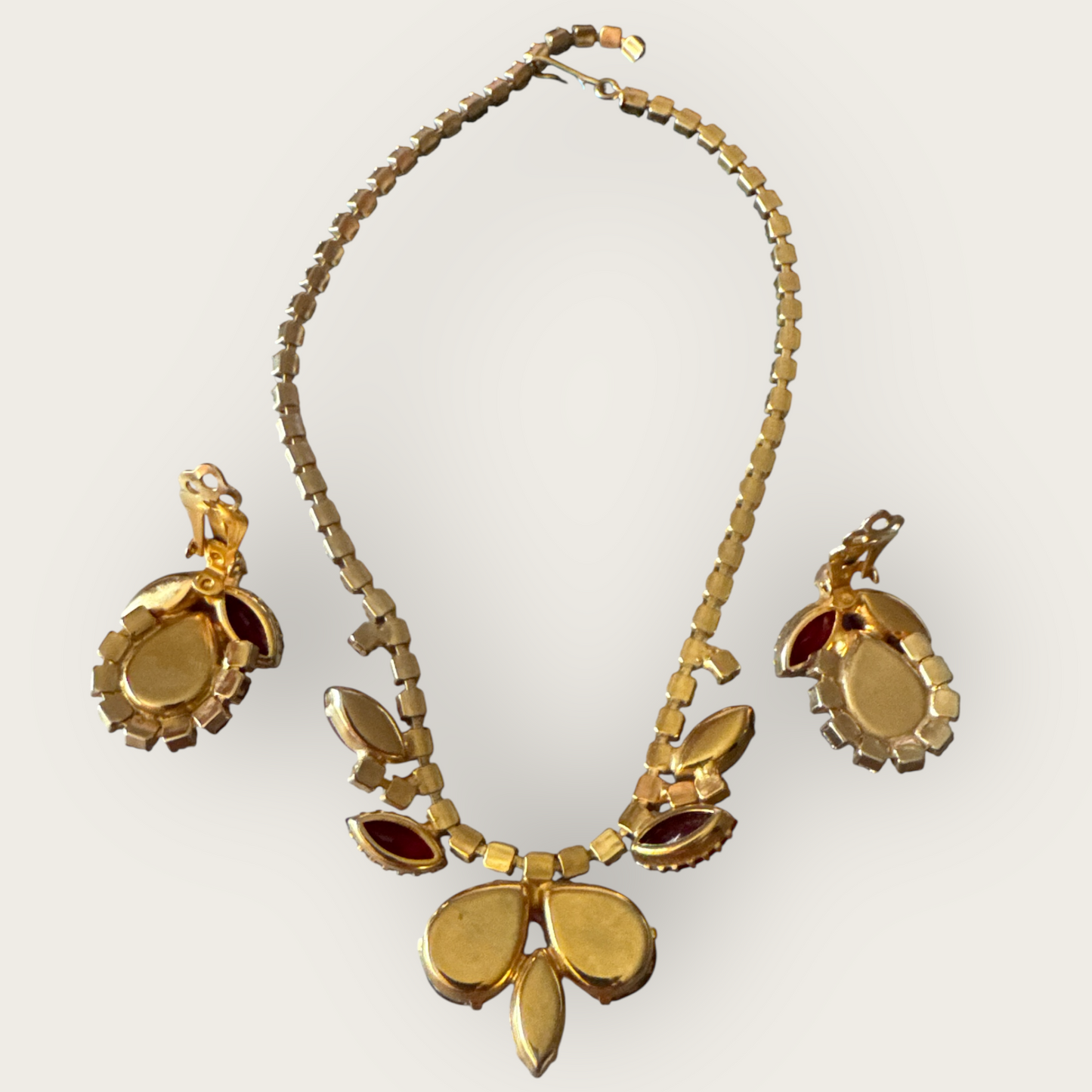 Vintage Juliana Carved Red & Amber Givre Rhinestone Necklace and Earrings Set | 1960s D&E Statement Jewelry