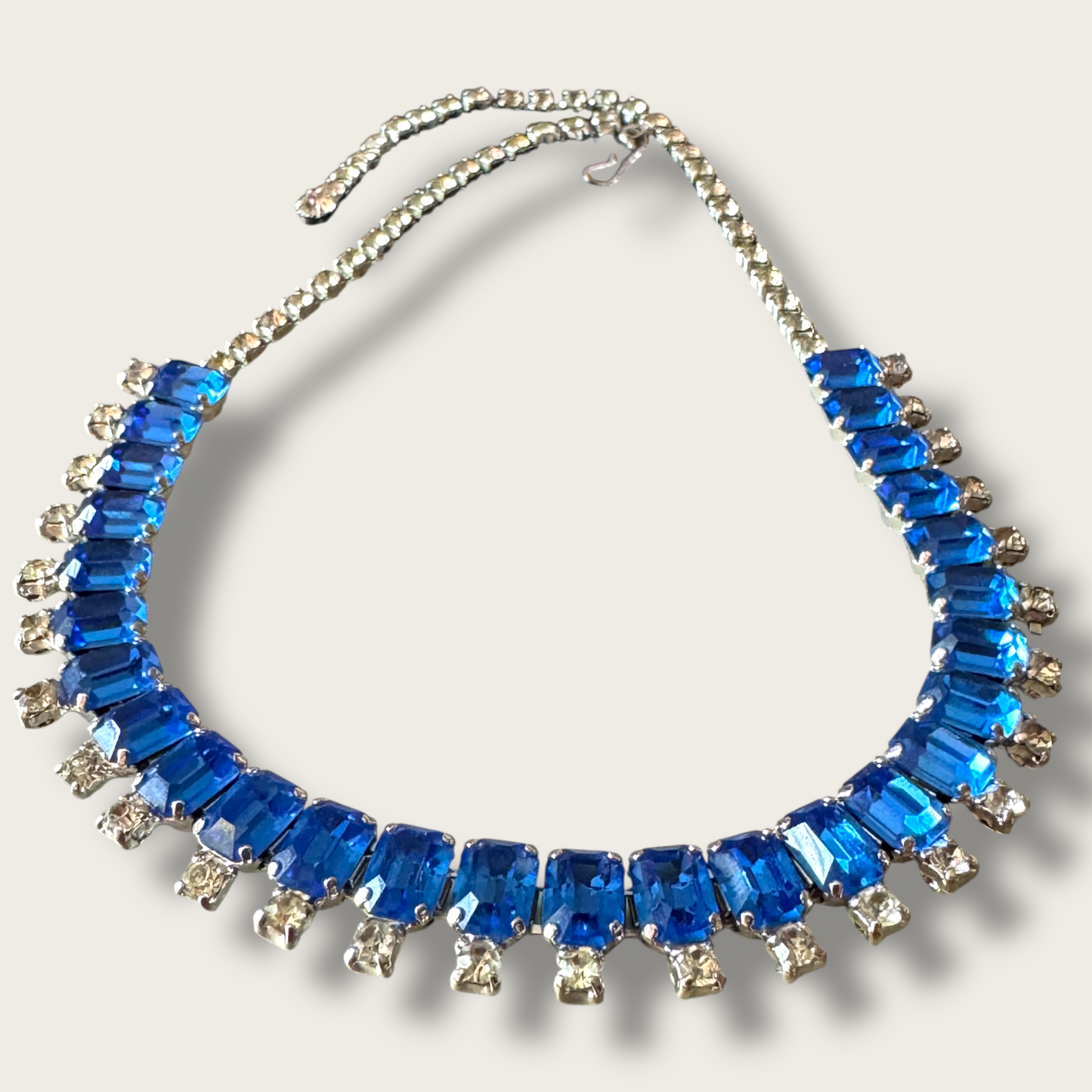 Vintage Royal Blue Glass Rhinestone Necklace & Earring Set | 1950s Prong Set Demi Parure
