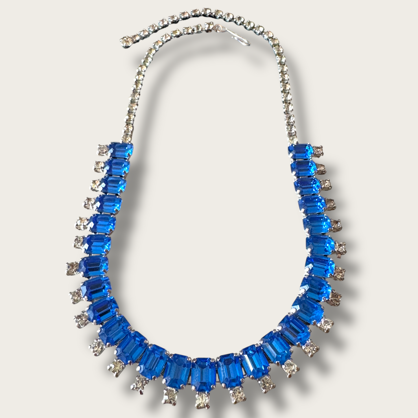 Vintage Royal Blue Glass Rhinestone Necklace & Earring Set | 1950s Prong Set Demi Parure