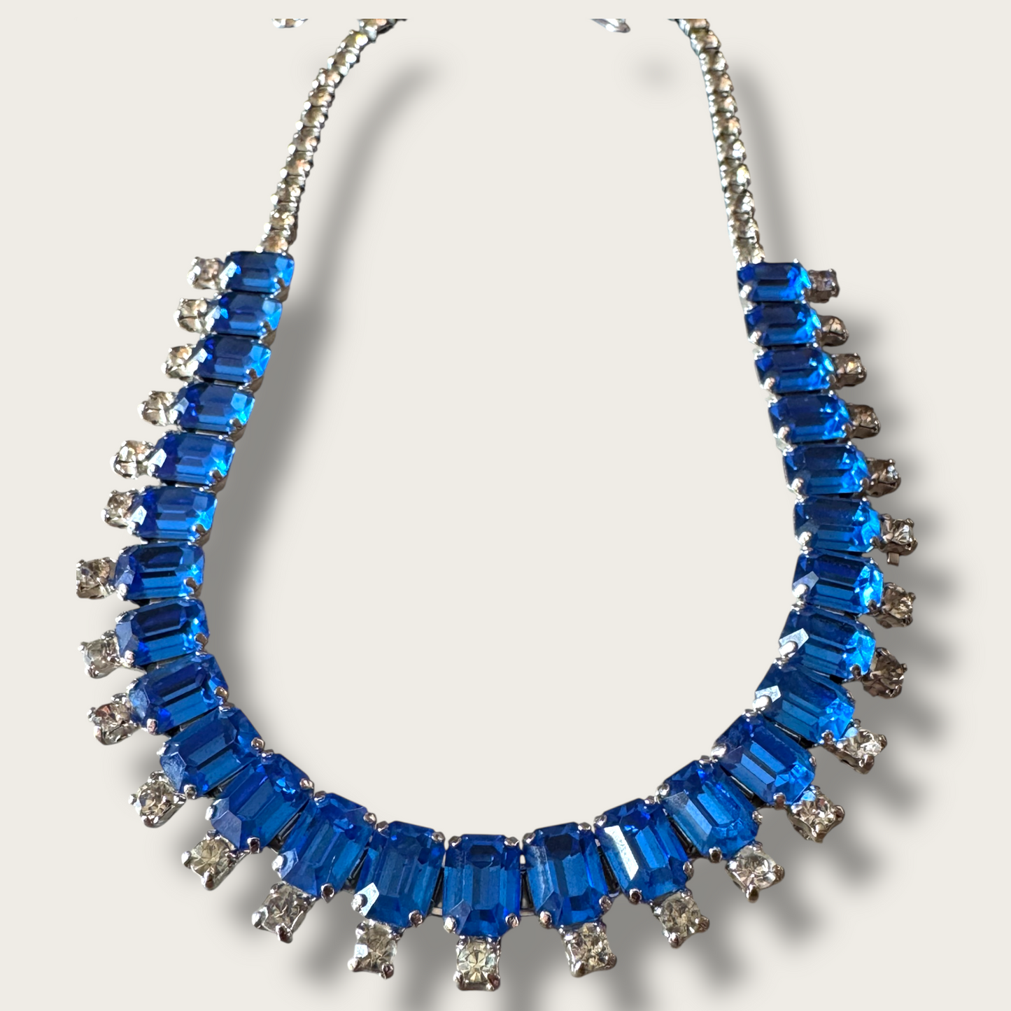 Vintage Royal Blue Glass Rhinestone Necklace & Earring Set | 1950s Prong Set Demi Parure