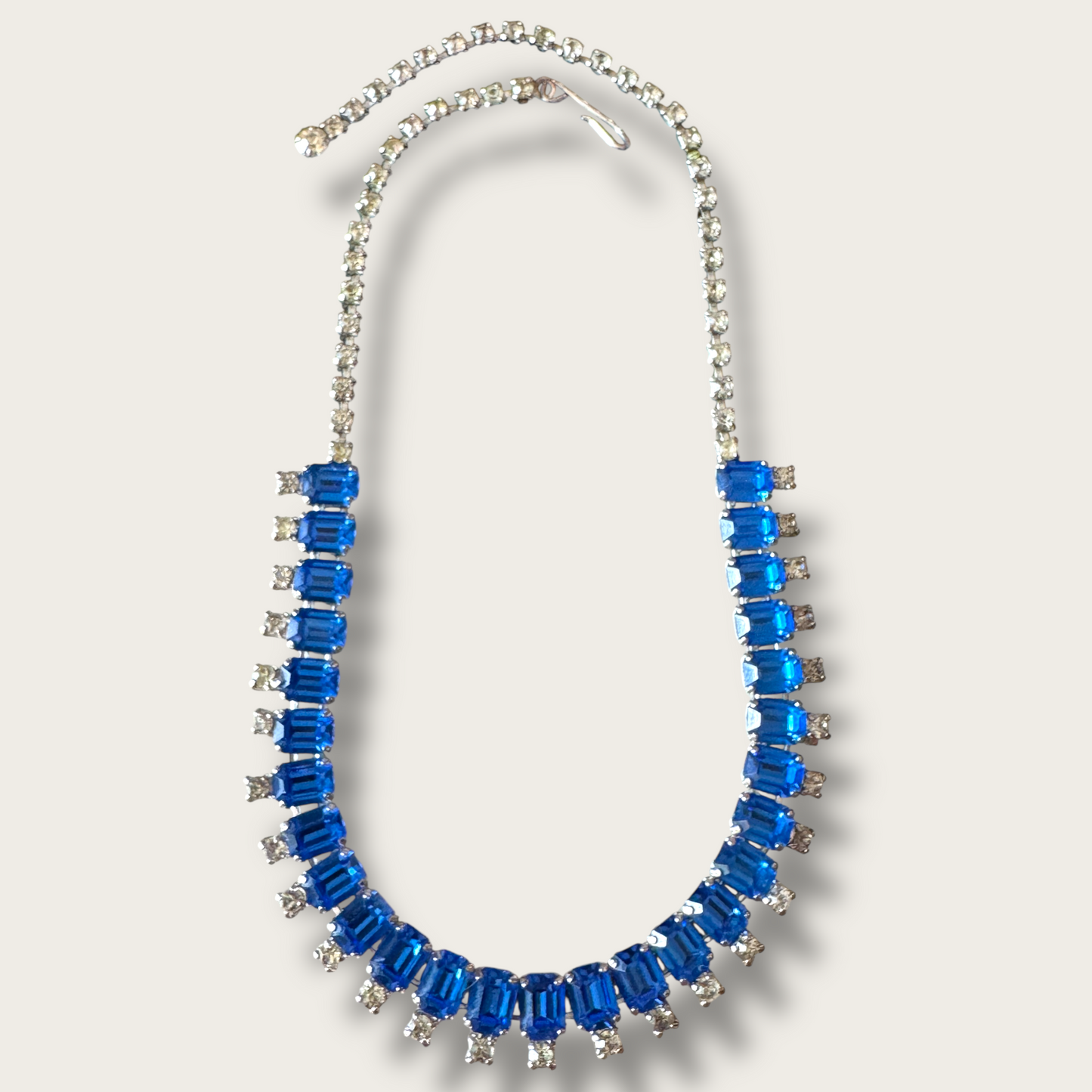 Vintage Royal Blue Glass Rhinestone Necklace & Earring Set | 1950s Prong Set Demi Parure
