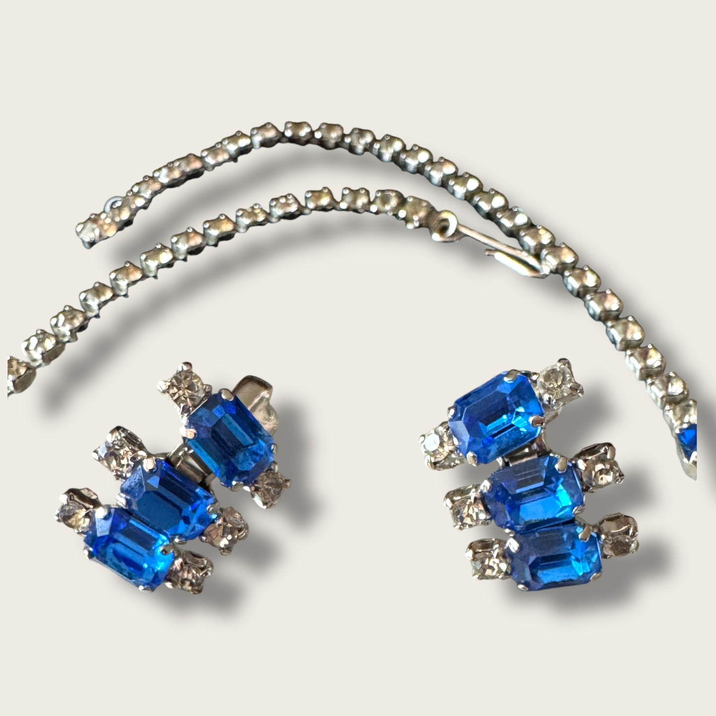 Vintage Royal Blue Glass Rhinestone Necklace & Earring Set | 1950s Prong Set Demi Parure