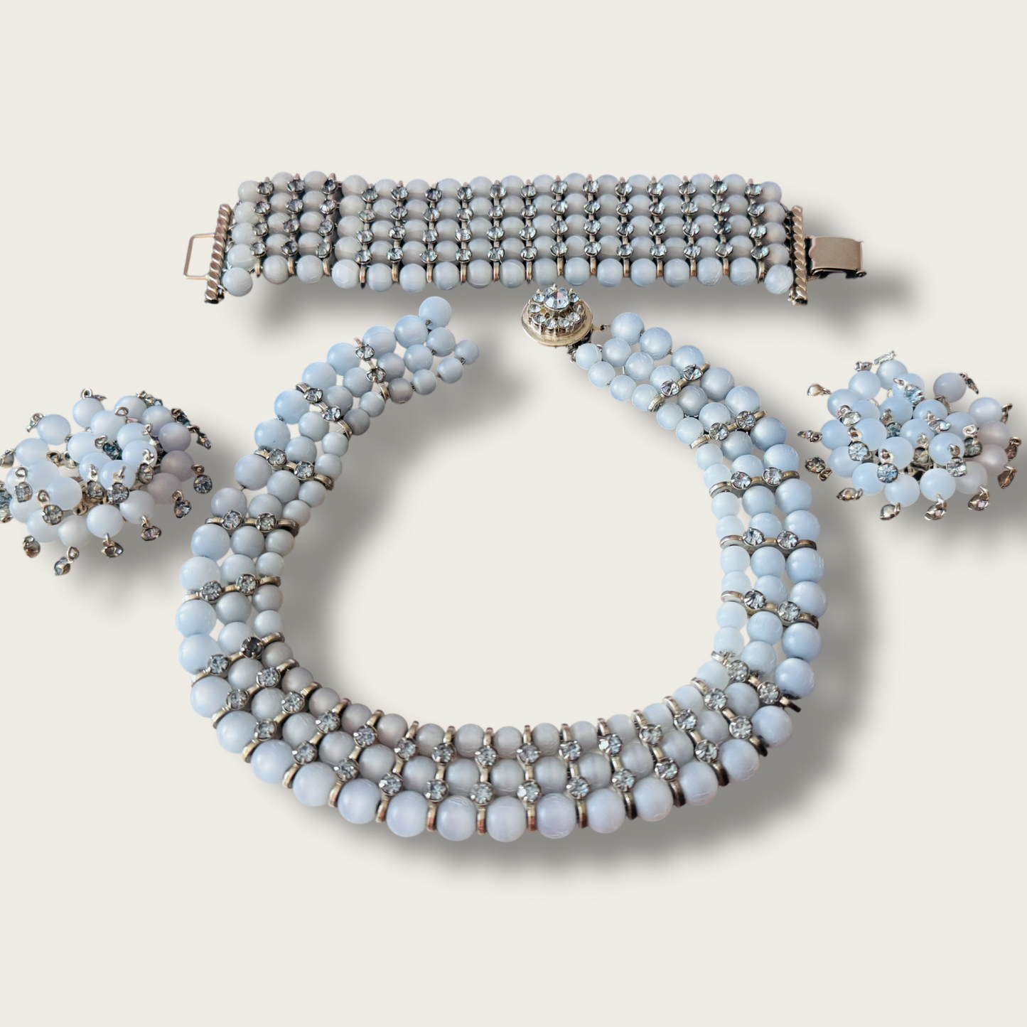Vintage Powder Blue Cha-Cha Necklace, Bracelet & Earrings Set | 1950s Rhinestone Demi Parure