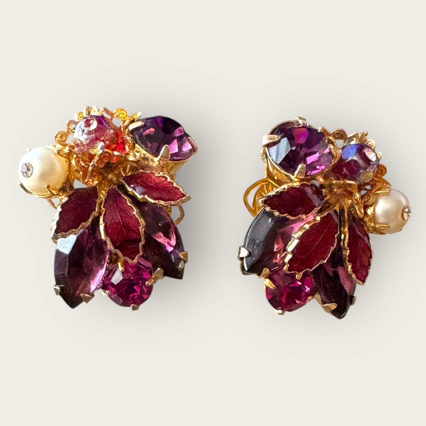 Weiss Vintage Enamel Leaf & Rhinestone Statement Set – Ruby, Amethyst & Pearl Tones – 1950s Mid-Century Glam | Private Collection