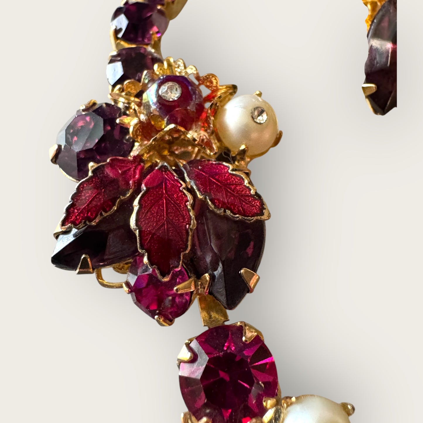 Weiss Vintage Enamel Leaf & Rhinestone Statement Set – Ruby, Amethyst & Pearl Tones – 1950s Mid-Century Glam | Private Collection