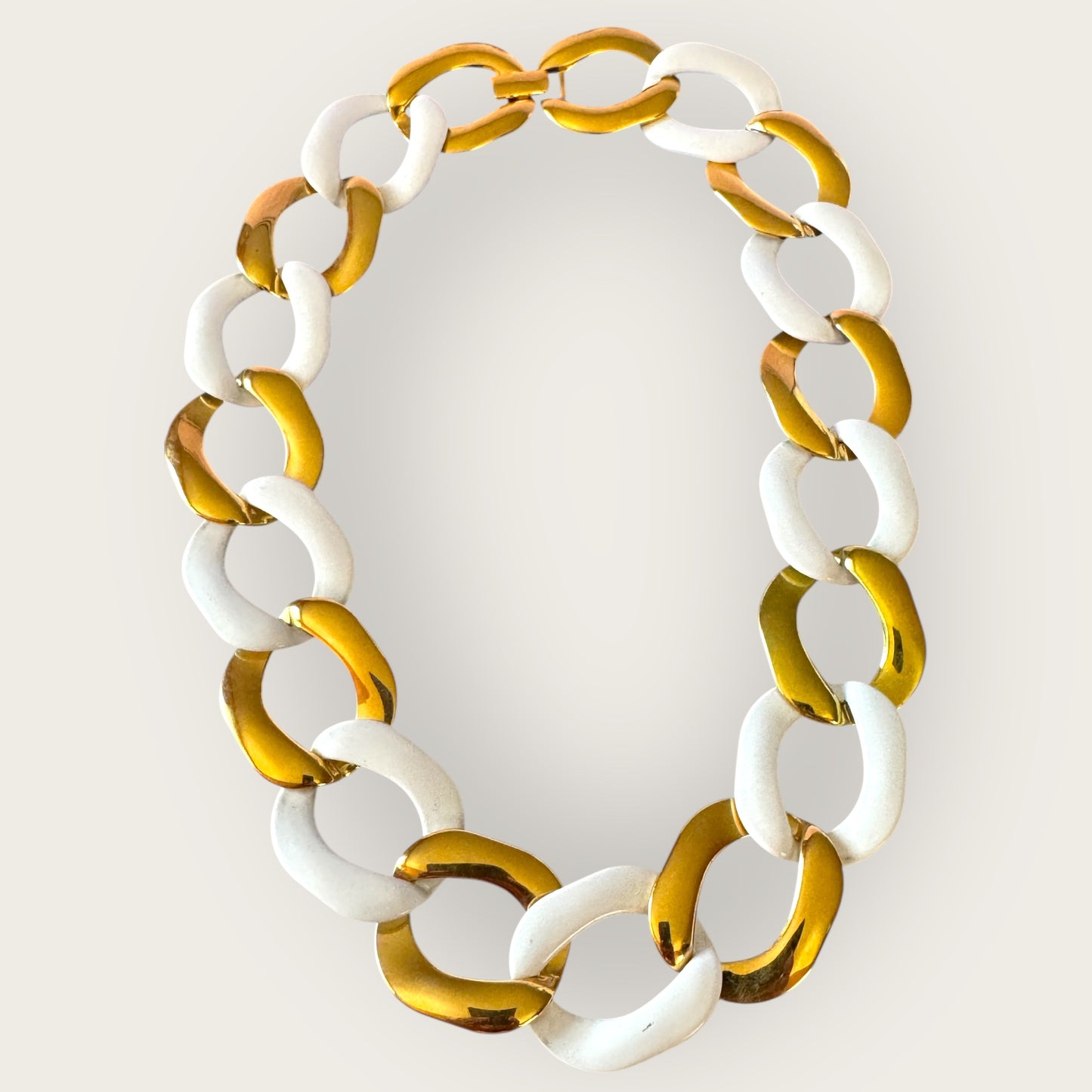 Vintage Chunky Monet Gold & White Enamel Chain Necklace – 1980s Statement Link