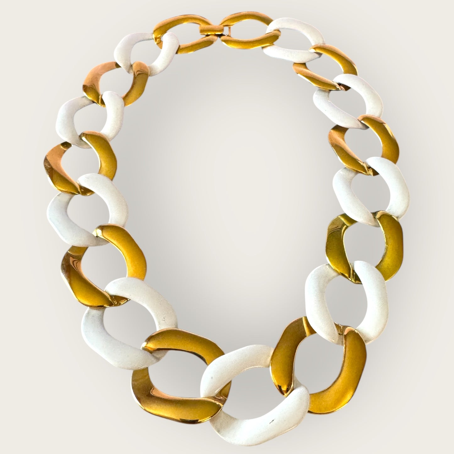 Vintage Chunky Monet Gold & White Enamel Chain Necklace – 1980s Statement Link