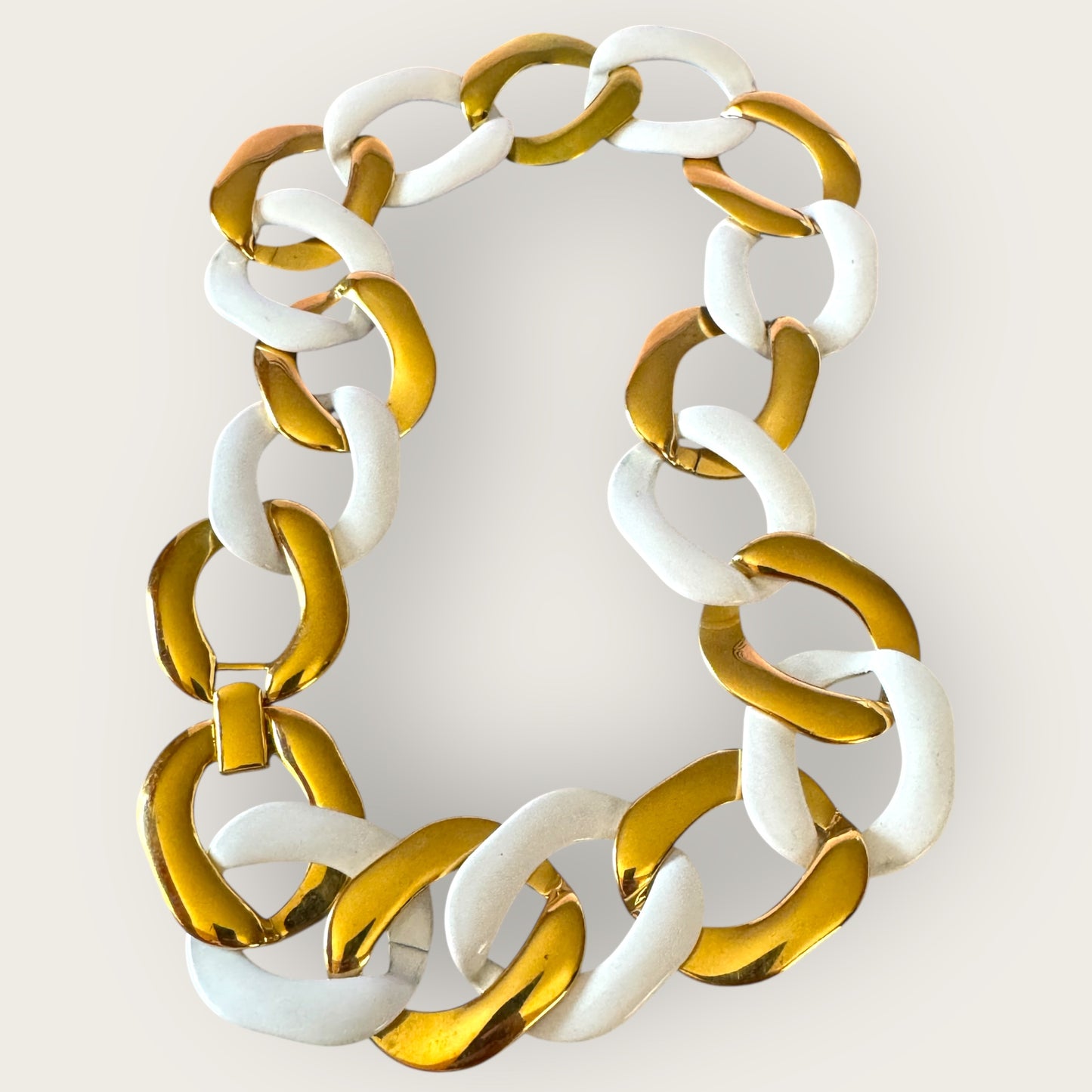 Vintage Chunky Monet Gold & White Enamel Chain Necklace – 1980s Statement Link
