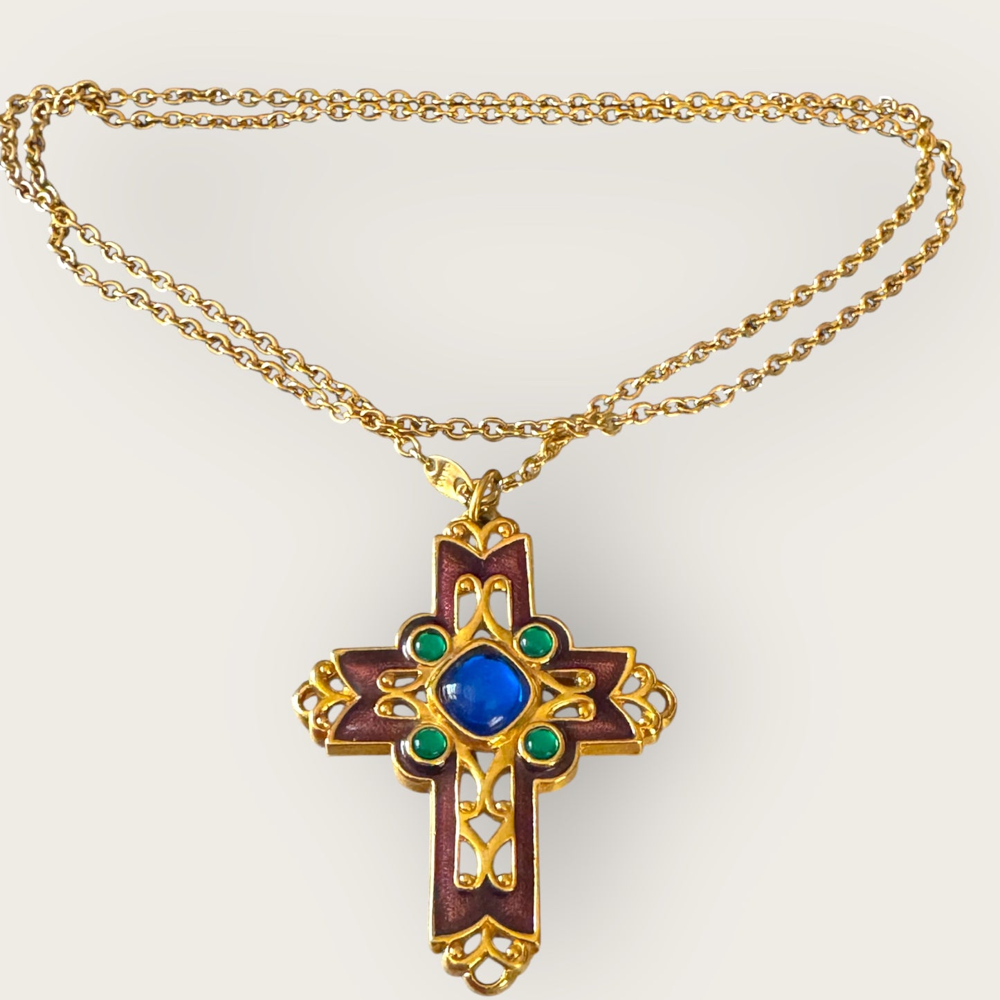 Vintage Avon Enamel Cross Necklace – Purple & Gold with Lucite Cabochons, 30” Signed Chain