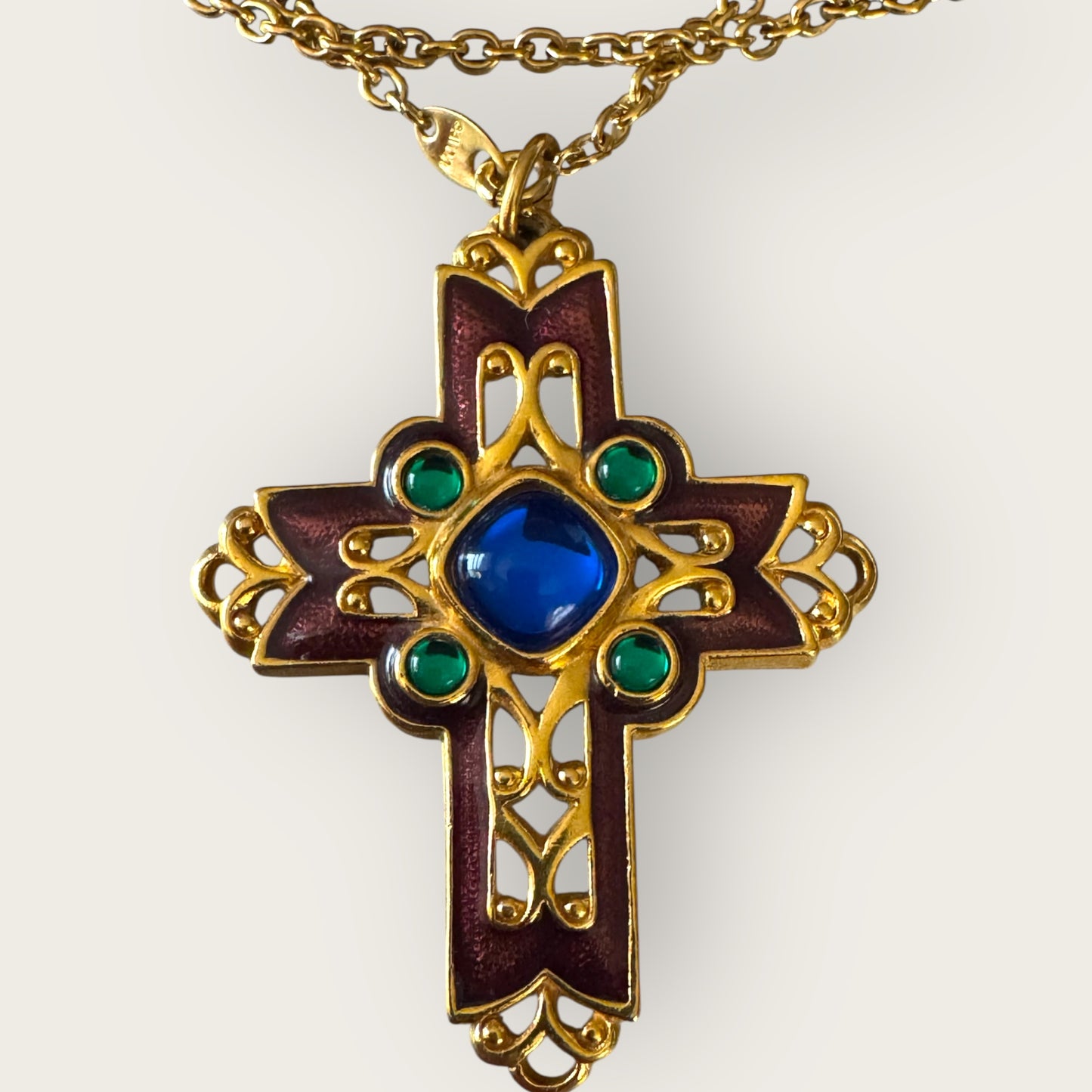 Vintage Avon Enamel Cross Necklace – Purple & Gold with Lucite Cabochons, 30” Signed Chain