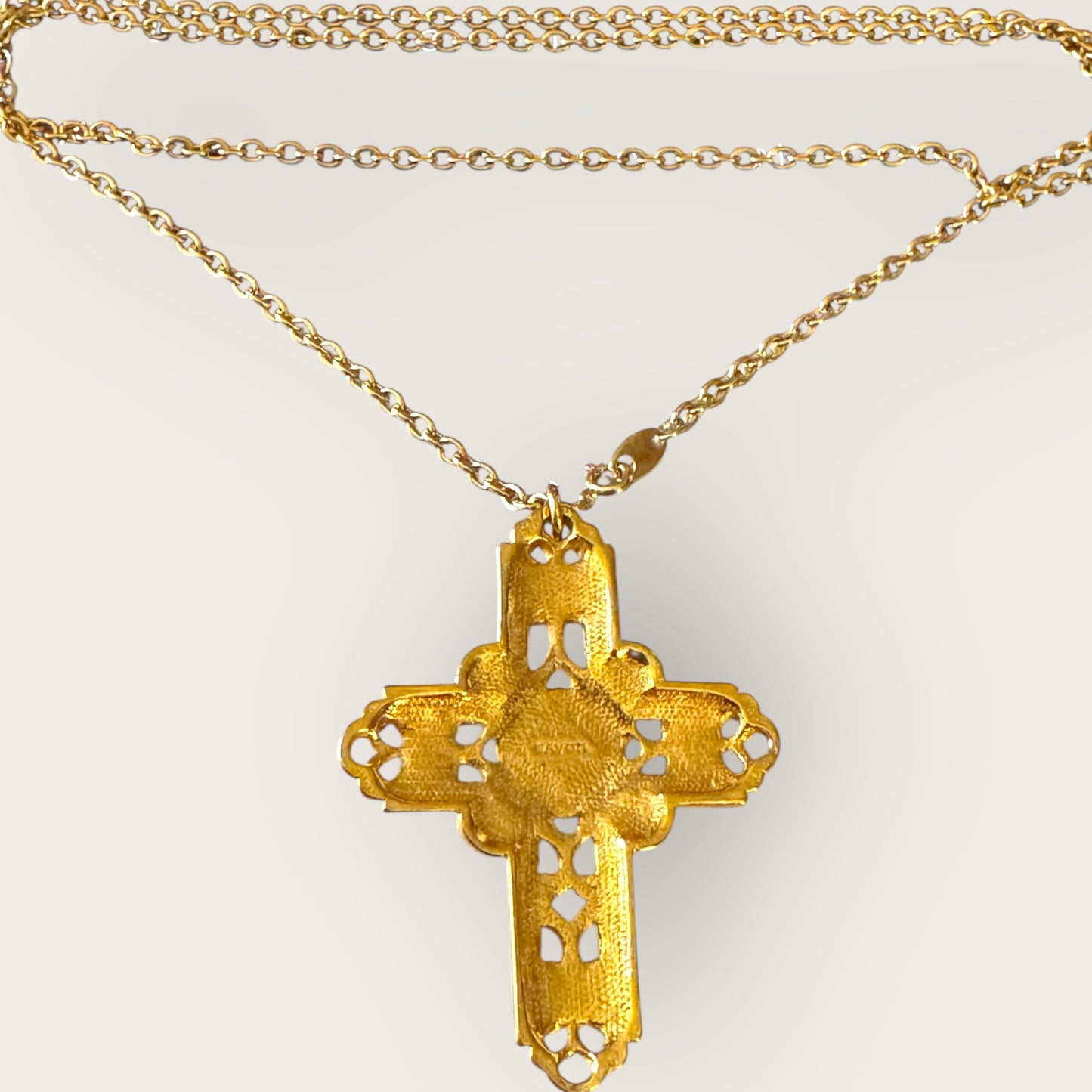 Vintage Avon Enamel Cross Necklace – Purple & Gold with Lucite Cabochons, 30” Signed Chain