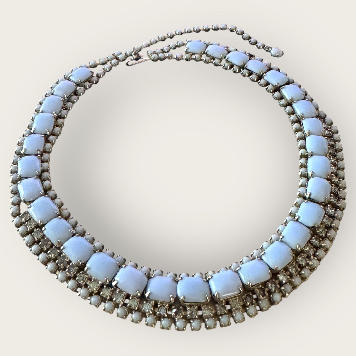 Mid-Century Blue Milk Glass & Rhinestone Double Row Choker Necklace – 1950s Cocktail Statement