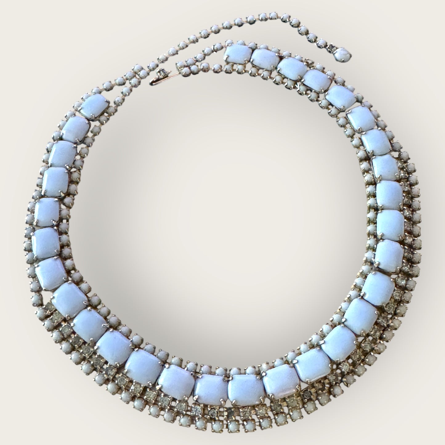 Mid-Century Blue Milk Glass & Rhinestone Double Row Choker Necklace – 1950s Cocktail Statement