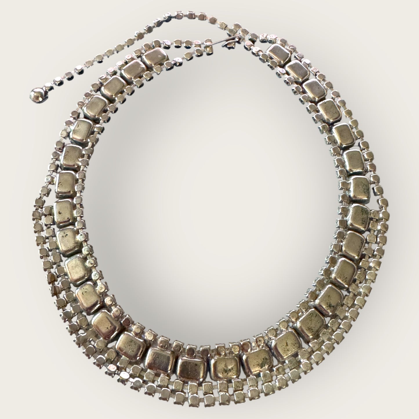 Mid-Century Blue Milk Glass & Rhinestone Double Row Choker Necklace – 1950s Cocktail Statement