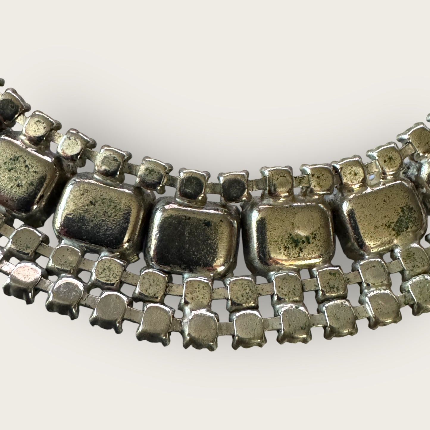 Mid-Century Blue Milk Glass & Rhinestone Double Row Choker Necklace – 1950s Cocktail Statement