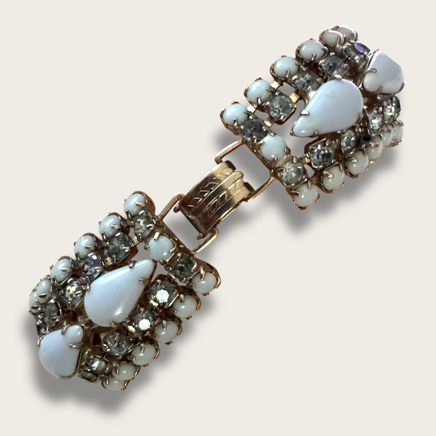 Vintage Unsigned Powder Blue Milk Glass & Rhinestone Expansion Bracelet – 1950s Wide Panel Statement Jewelry