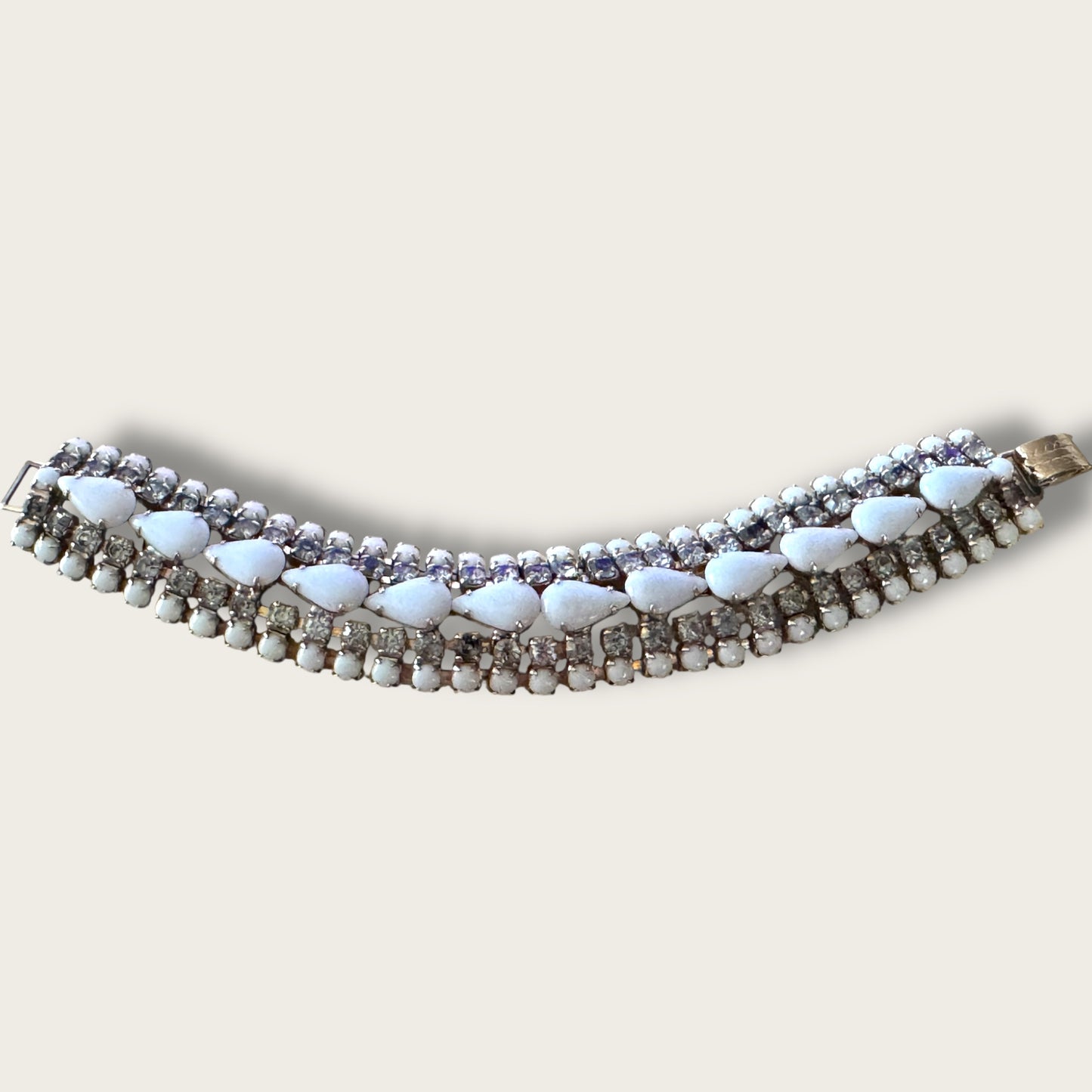 Vintage Unsigned Powder Blue Milk Glass & Rhinestone Expansion Bracelet – 1950s Wide Panel Statement Jewelry