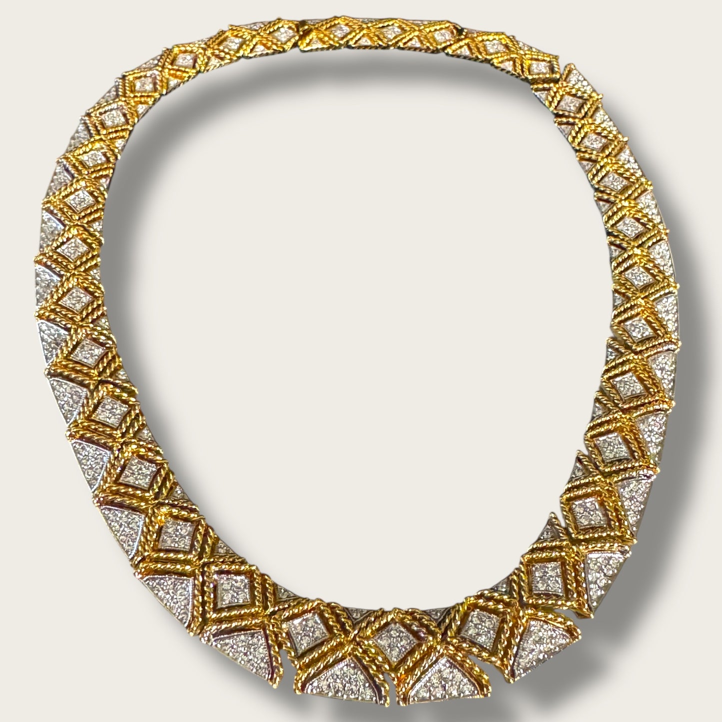 Chunky Vintage Gold-Tone Articulated Collar Necklace – Braided Pavé Design with Removable Extender