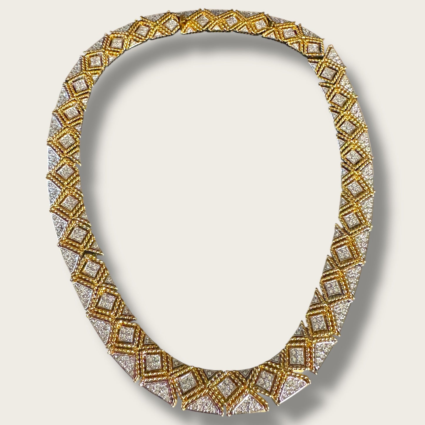 Chunky Vintage Gold-Tone Articulated Collar Necklace – Braided Pavé Design with Removable Extender