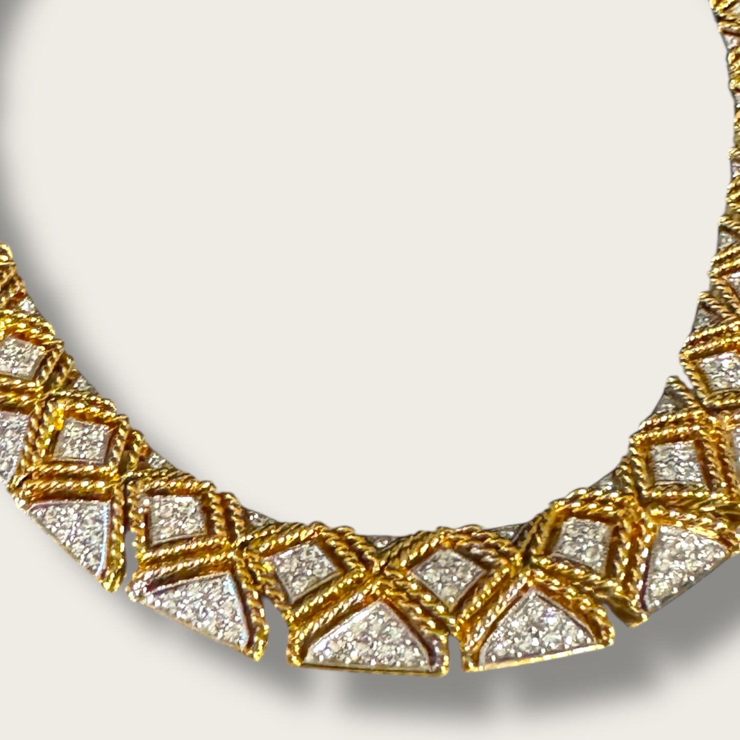Chunky Vintage Gold-Tone Articulated Collar Necklace – Braided Pavé Design with Removable Extender