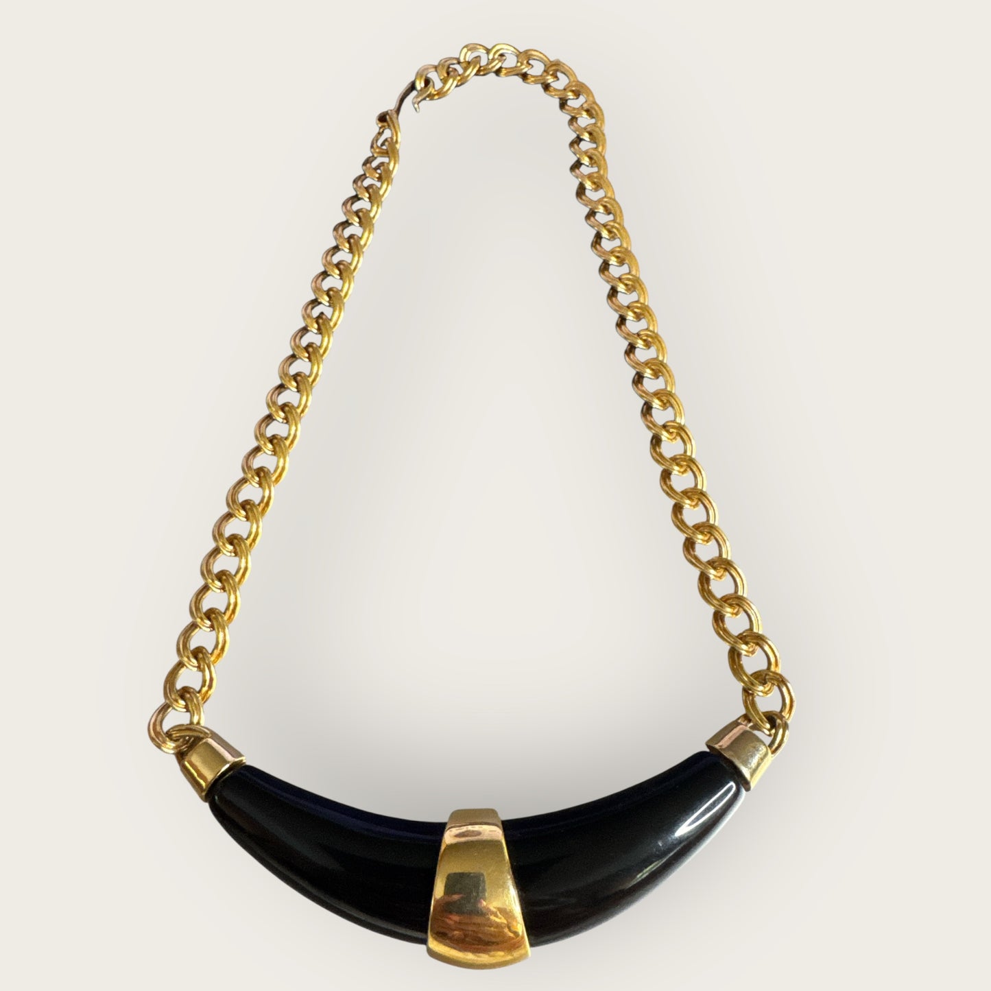 Vintage Monet Blue Glass Pendant Necklace – 18” Gold-Tone Chain with Sculptural Side Bar