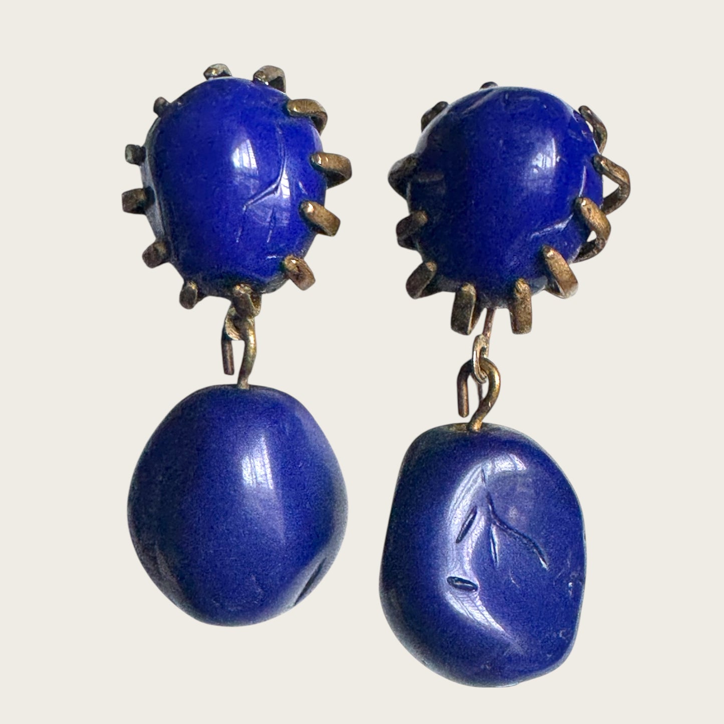Vintage Miriam Haskell Cobalt Blue Glass Drop Earrings – Signed, 1950s Screwback Clip-On