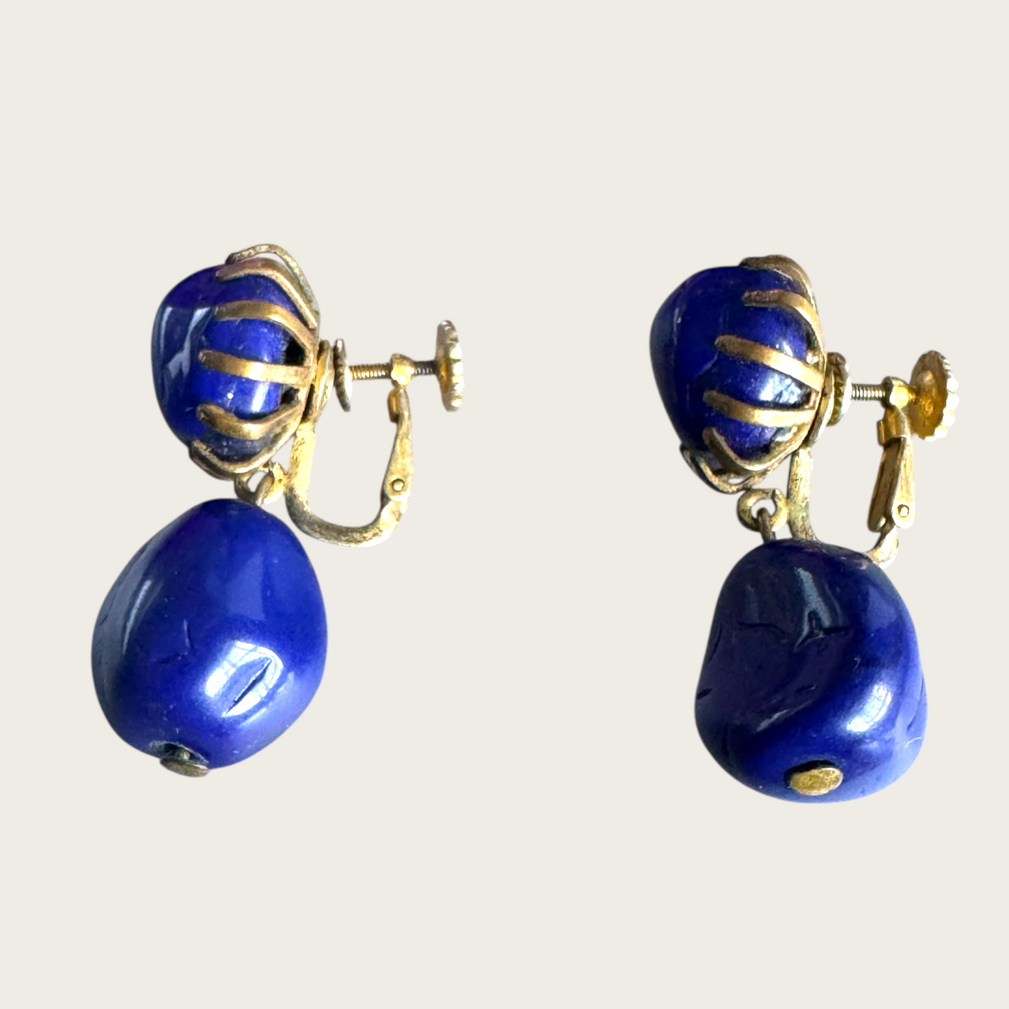 Vintage Miriam Haskell Cobalt Blue Glass Drop Earrings – Signed, 1950s Screwback Clip-On