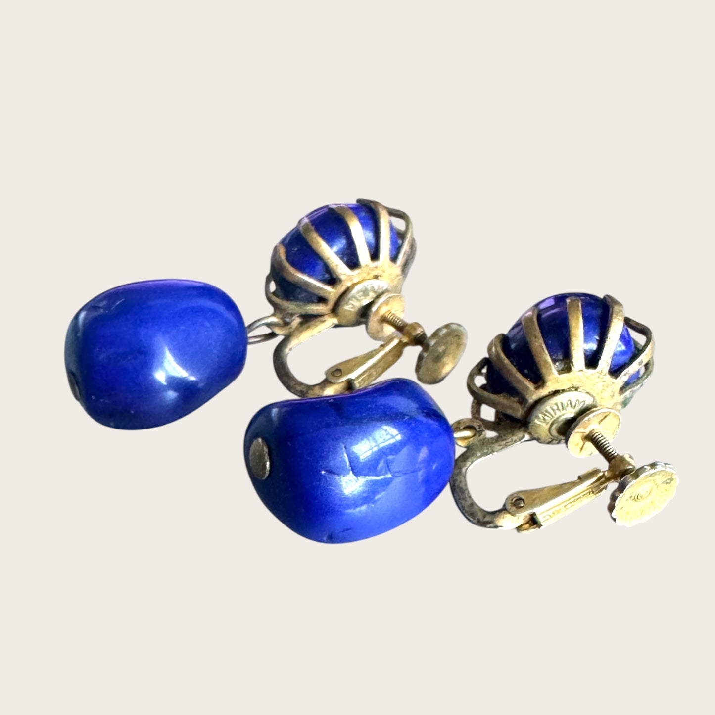 Vintage Miriam Haskell Cobalt Blue Glass Drop Earrings – Signed, 1950s Screwback Clip-On