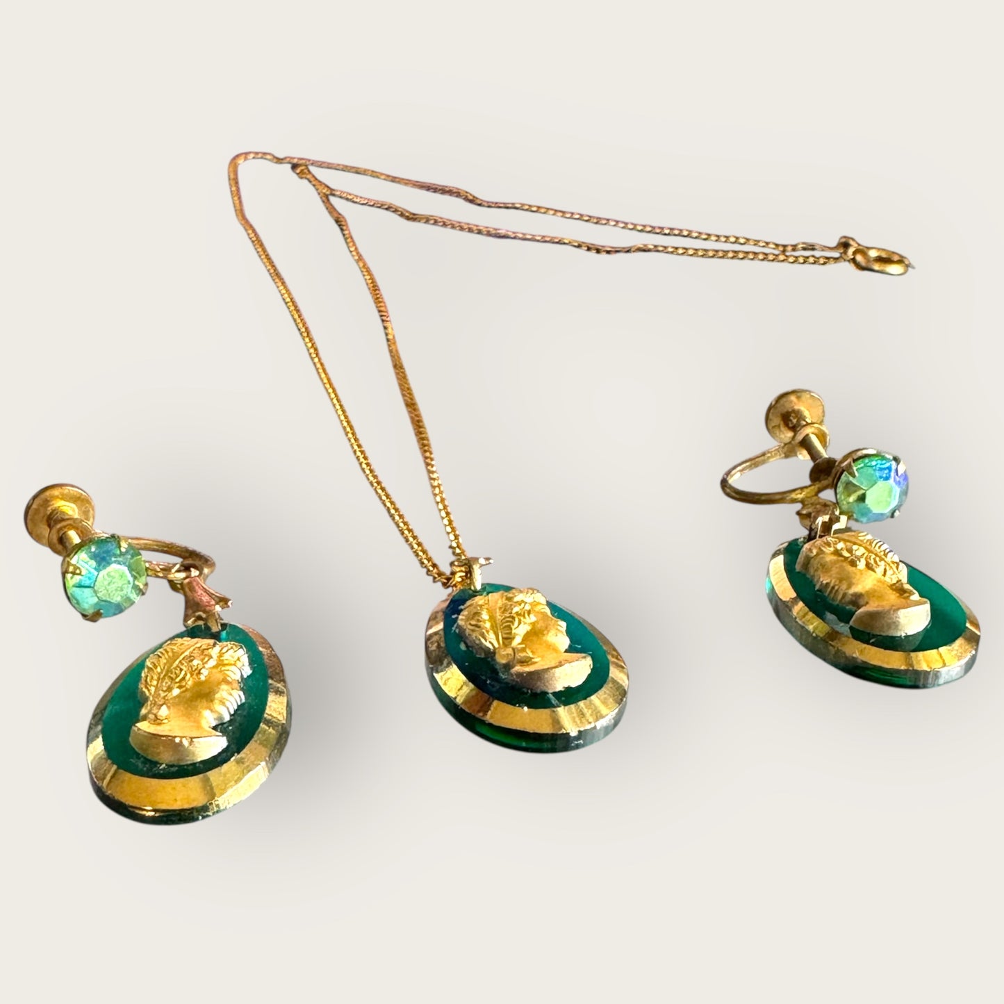 Vintage Green Glass Cameo Necklace & Earring Set – Gold Foil Intaglio Drop, AB Rhinestone Screwback Demi-Parure