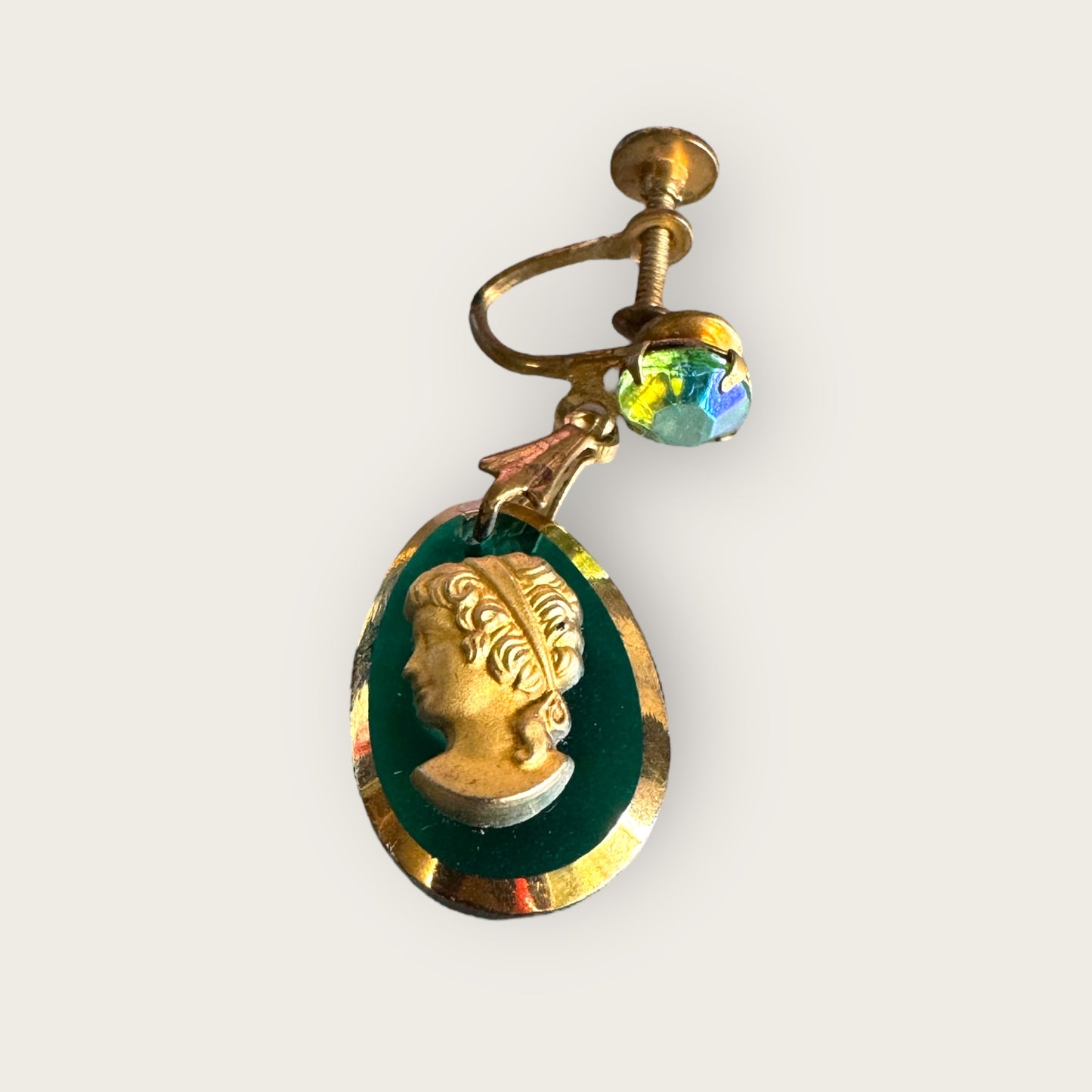Vintage Green Glass Cameo Necklace & Earring Set – Gold Foil Intaglio Drop, AB Rhinestone Screwback Demi-Parure