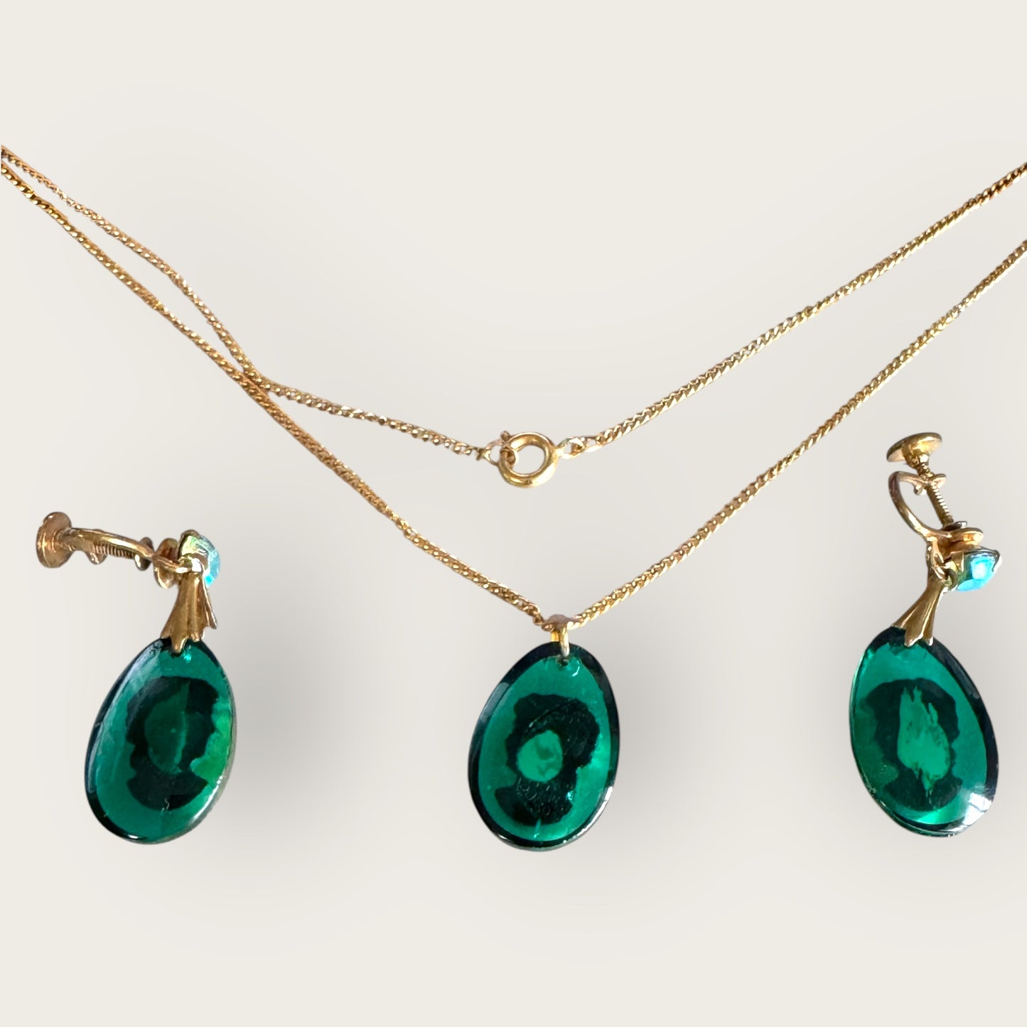 Vintage Green Glass Cameo Necklace & Earring Set – Gold Foil Intaglio Drop, AB Rhinestone Screwback Demi-Parure