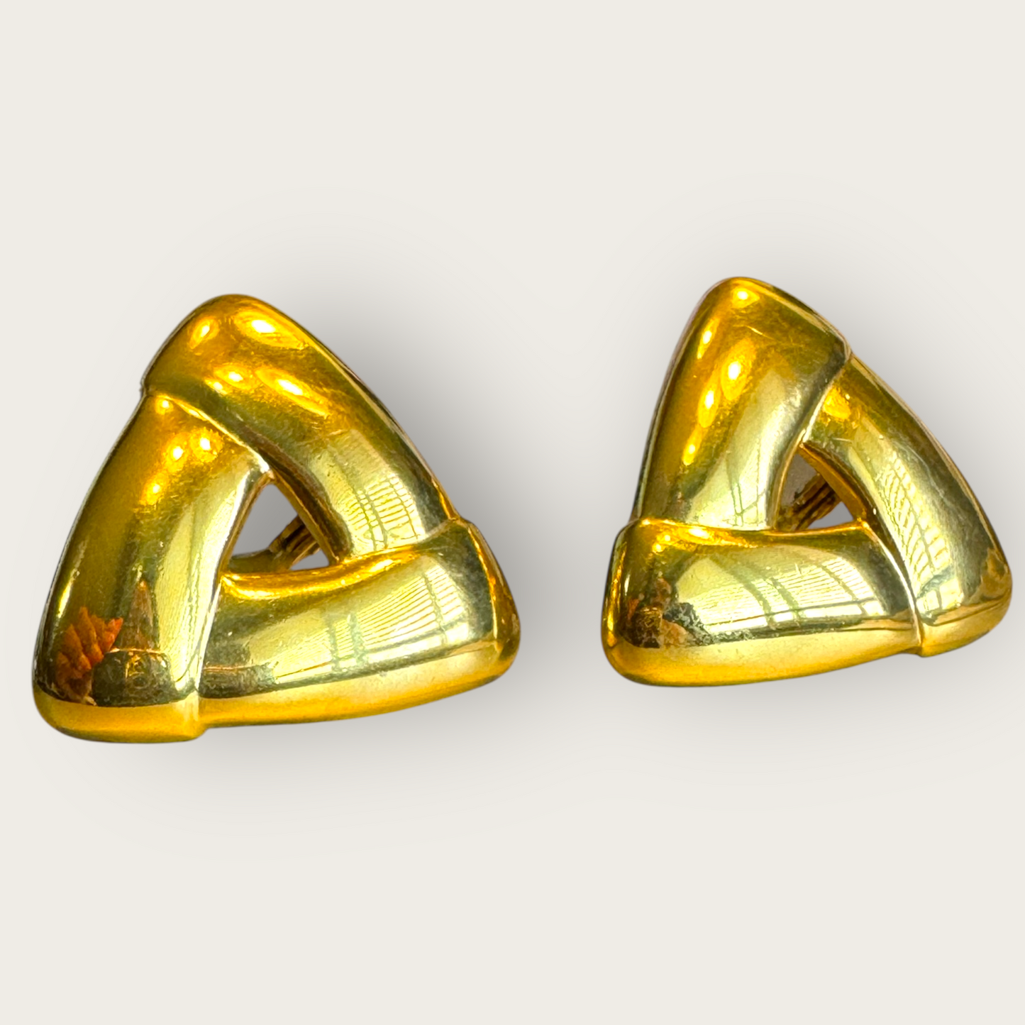 Vintage Monet Sculptural Folded Triangle Clip-On Earrings – Signed 1980s Gold-Tone Statement, Comfort Clips
