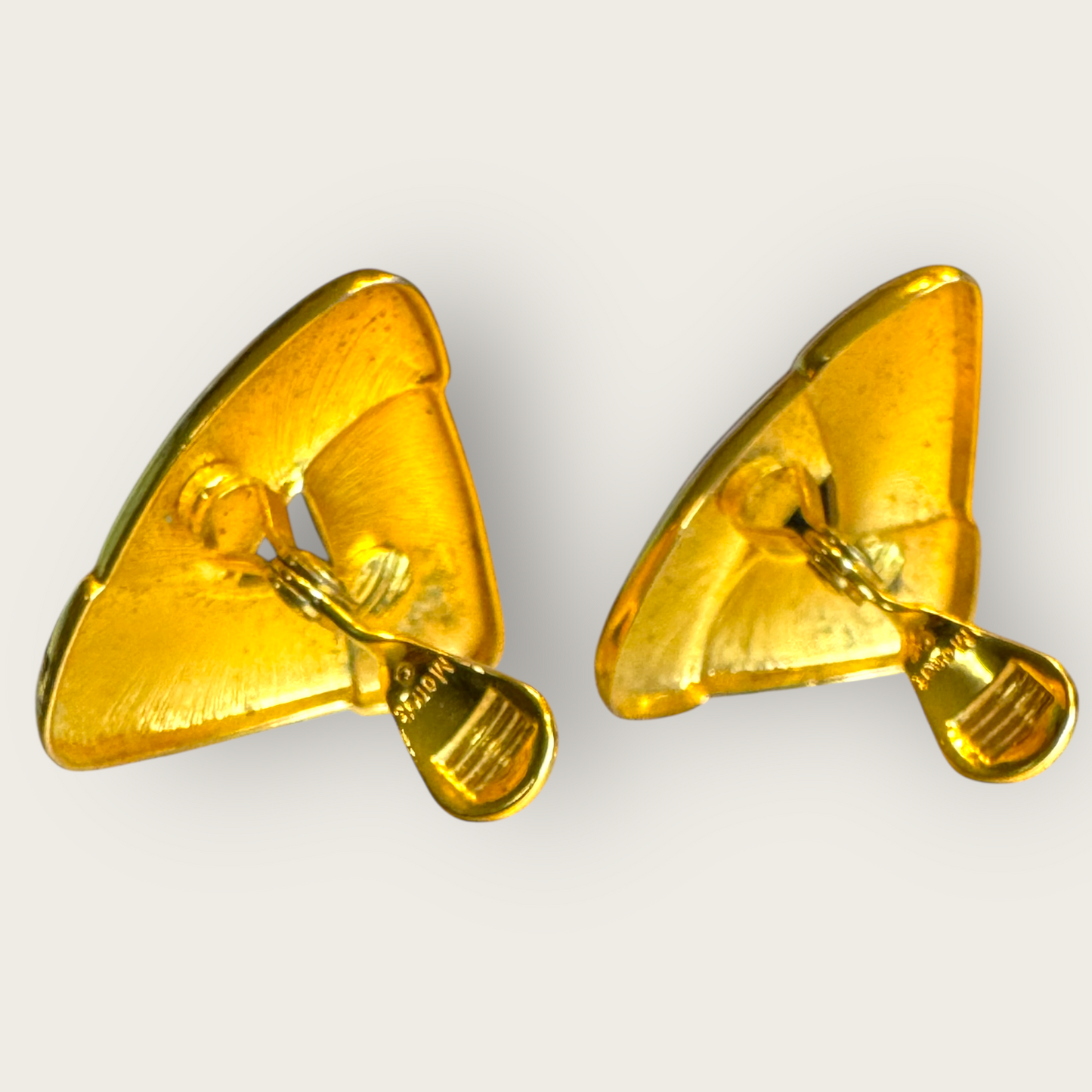 Vintage Monet Sculptural Folded Triangle Clip-On Earrings – Signed 1980s Gold-Tone Statement, Comfort Clips