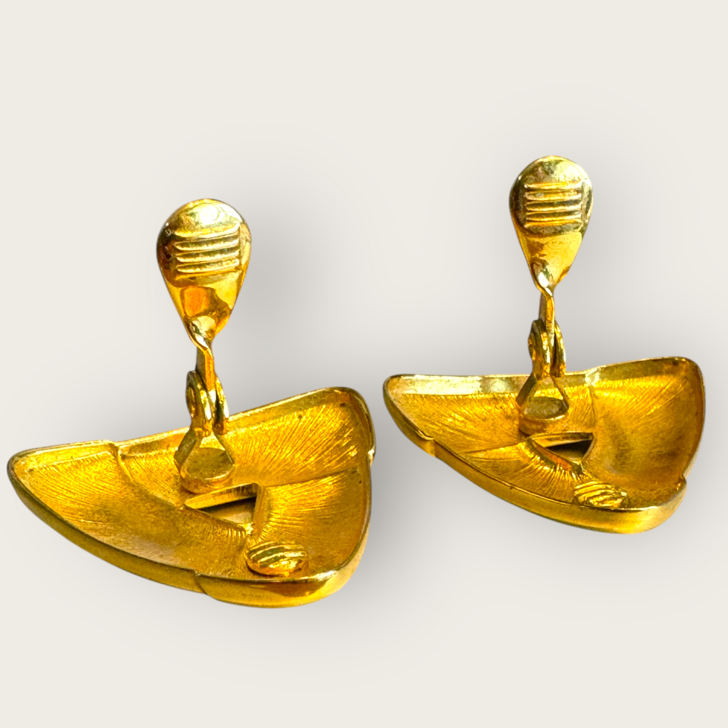 Vintage Monet Sculptural Folded Triangle Clip-On Earrings – Signed 1980s Gold-Tone Statement, Comfort Clips