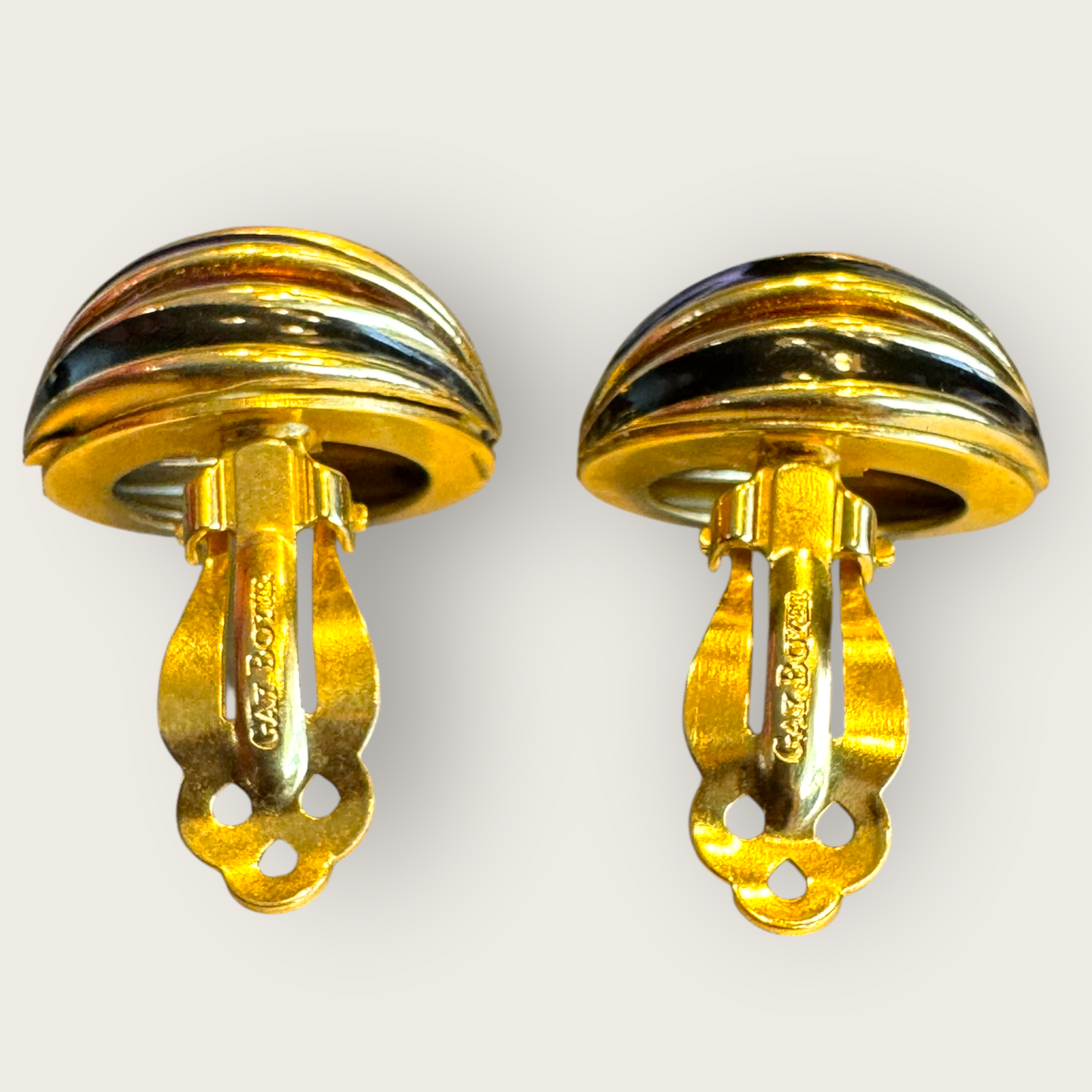 Vintage Gay Boyer Gold-Tone Enamel Dome Earrings – Signed Black & Brown Striped Clip-On, 1980s Sculptural Glam