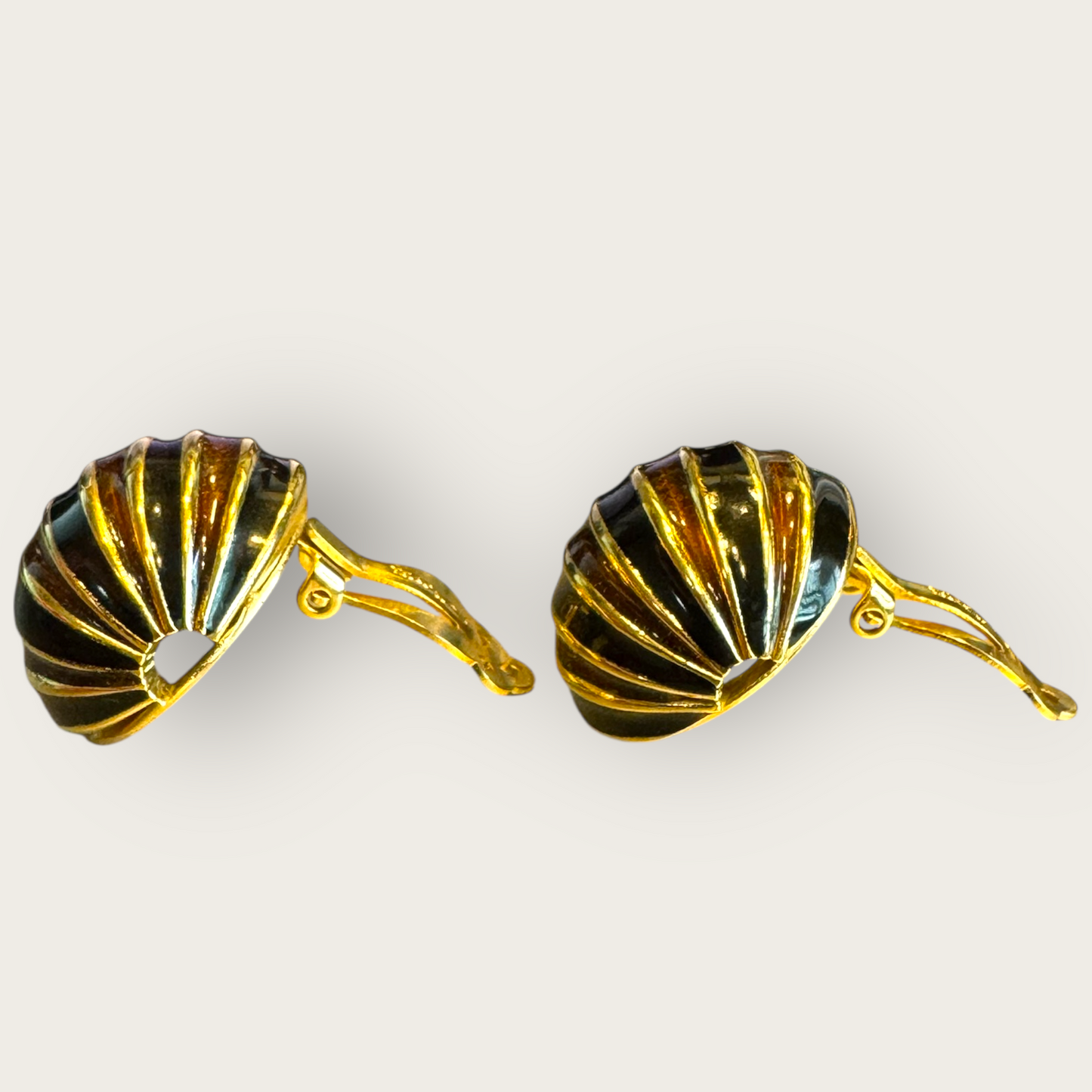 Vintage Gay Boyer Gold-Tone Enamel Dome Earrings – Signed Black & Brown Striped Clip-On, 1980s Sculptural Glam