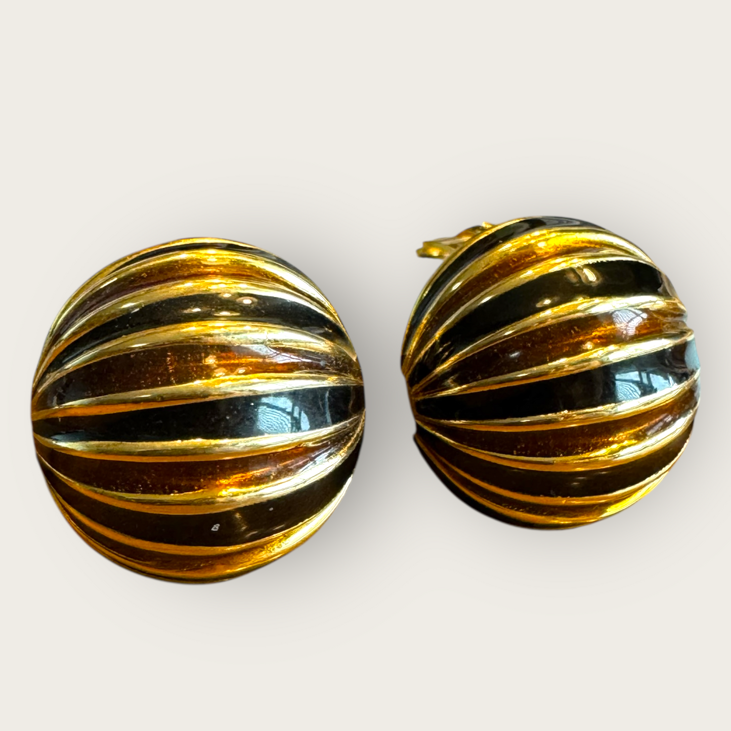 Vintage Gay Boyer Gold-Tone Enamel Dome Earrings – Signed Black & Brown Striped Clip-On, 1980s Sculptural Glam