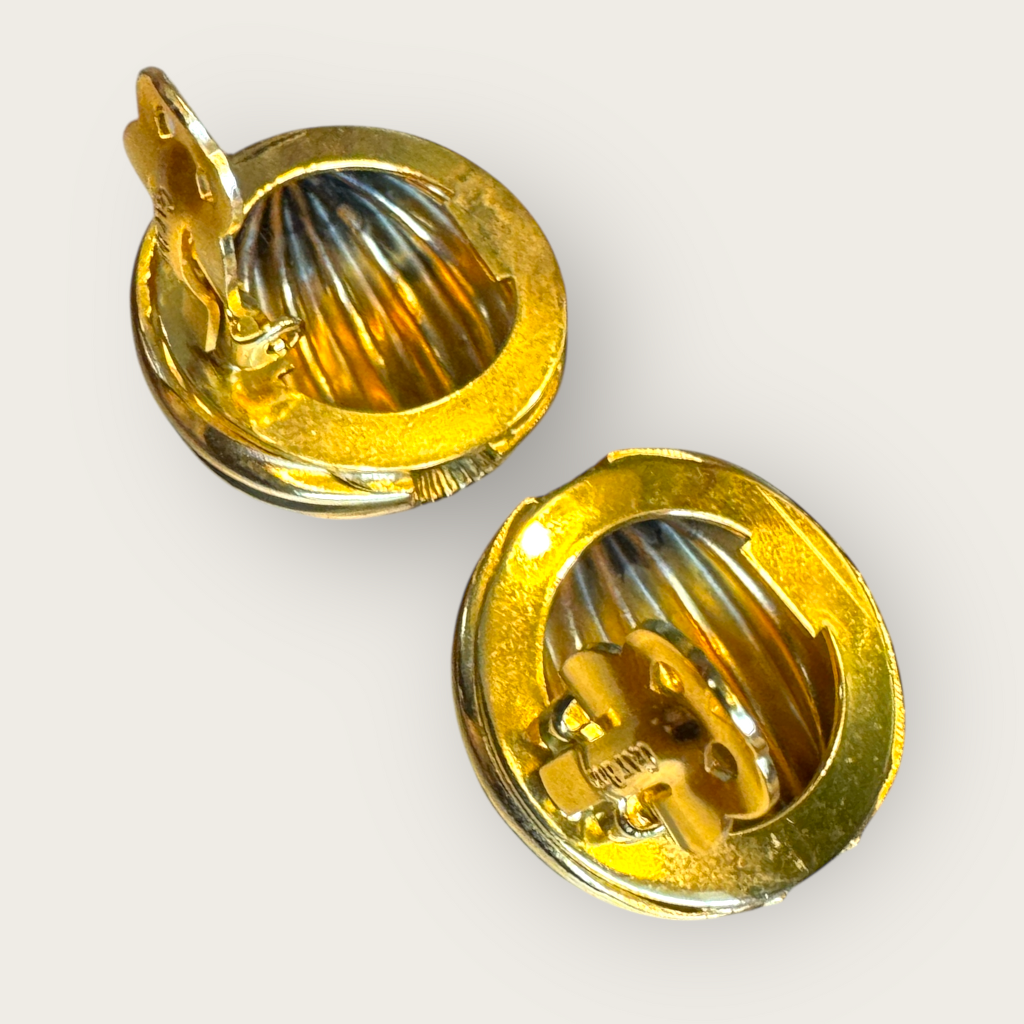 Vintage Gay Boyer Gold-Tone Enamel Dome Earrings – Signed Black & Brown Striped Clip-On, 1980s Sculptural Glam