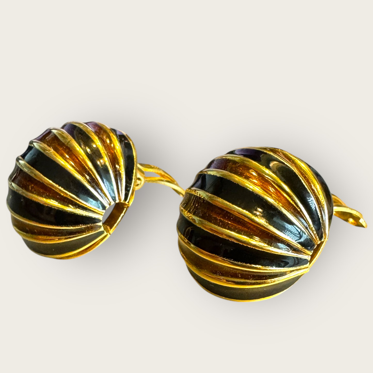 Vintage Gay Boyer Gold-Tone Enamel Dome Earrings – Signed Black & Brown Striped Clip-On, 1980s Sculptural Glam