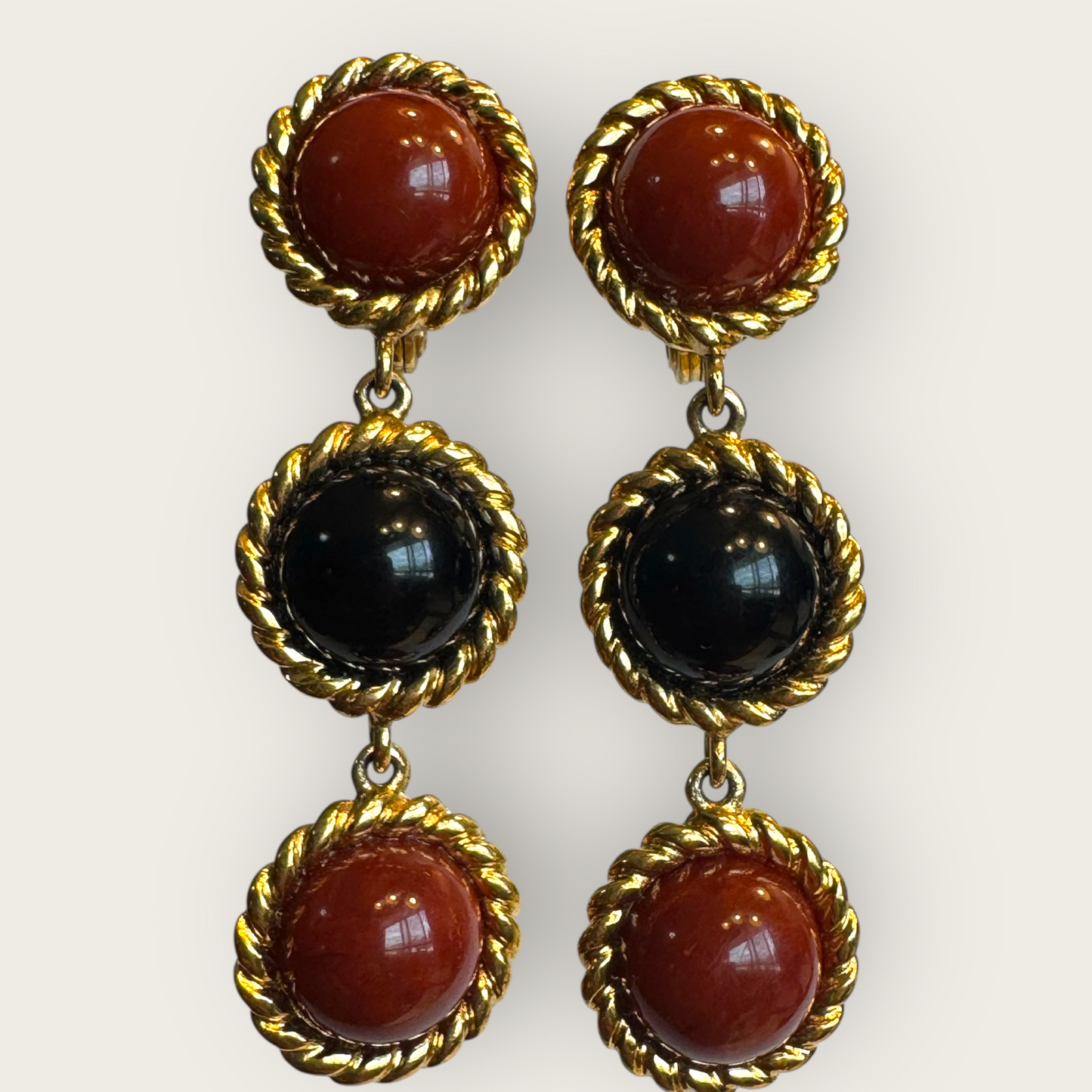 Signed Monet Rust Brown & Black Lucite Triple Drop Earrings – Gold Tone Clip-On Statement