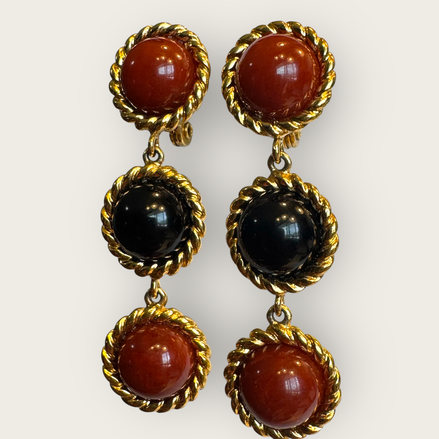 Signed Monet Rust Brown & Black Lucite Triple Drop Earrings – Gold Tone Clip-On Statement