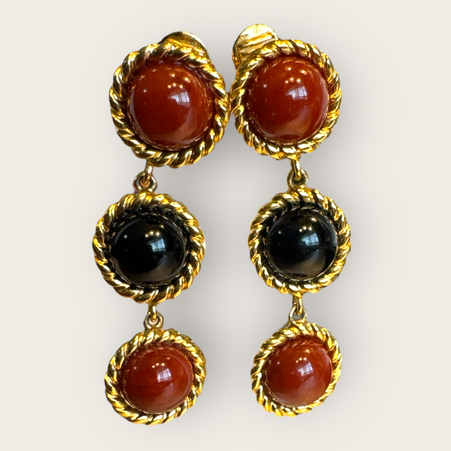 Signed Monet Rust Brown & Black Lucite Triple Drop Earrings – Gold Tone Clip-On Statement